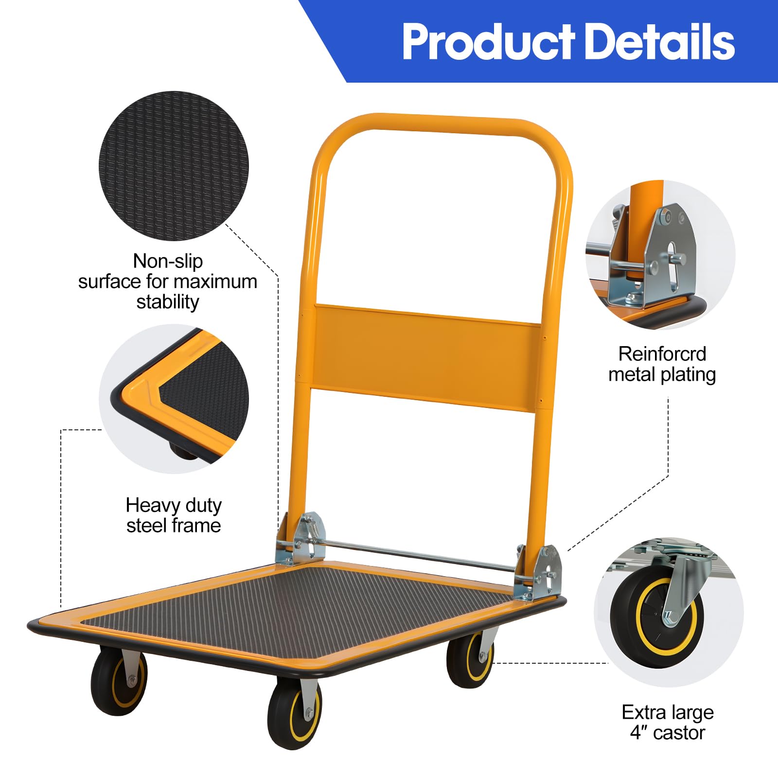 Panana Chariot à Plateforme, Chariot de Transport Pliable avec Capacité de Charge 150kg, Diable de Manutention, Plateau Transport à roulettes Pivotantes pour Chargement et Stockage (Orange et Noir)