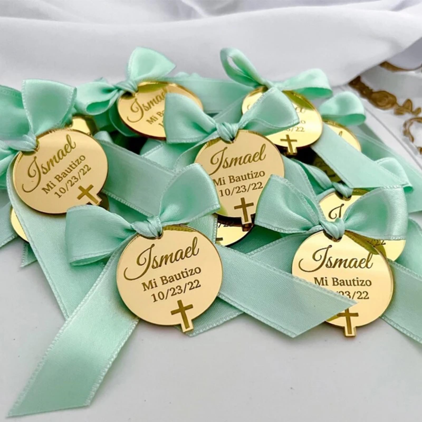 MXN Personalized Acrylic Mirror Tags,Custom Engraved Name Tag Baptism Baby Show Grail Mirror Acrylic Round Circle Cross for Favors Baptism Wedding