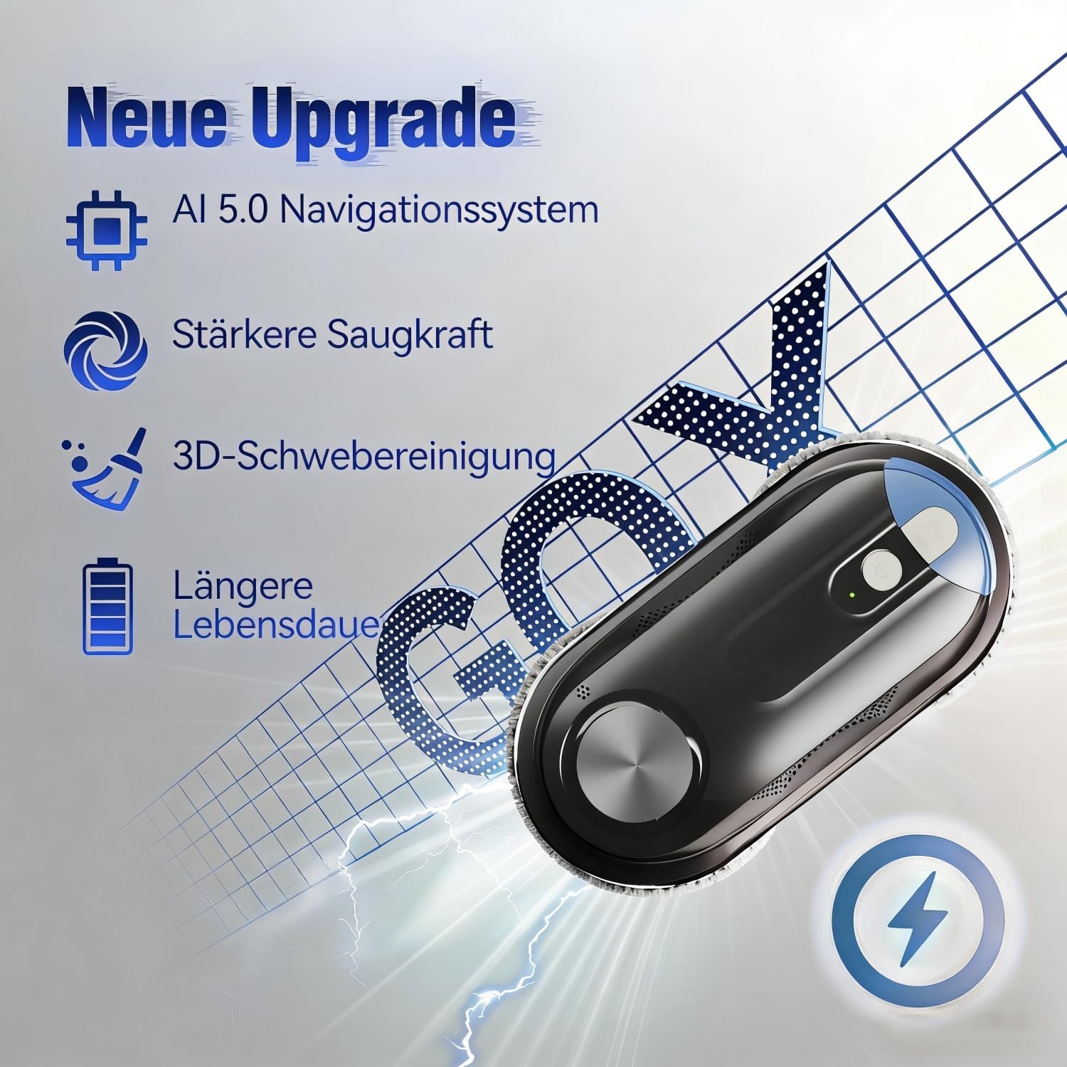 KKI Fensterputzroboter, Automatischer Fensterreiniger,Doppel-Spray,Max 3200Pa,KI-Pfadplanung & Randerkennung, Fernbedienung für Hochgeschoss Fenster, Glas, Tür,8xTücher