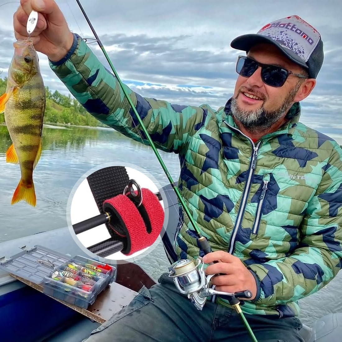 Cintas Caña De Pescar, 6 Piezas, EláSticas Cintas de Pesca, Cinturón para Cañas, Juego de Correas de Protección y Transporte para Cañas, para Cañas Giratorias Cañas con Mosca, 22cm, Negro, Azul, Rojo