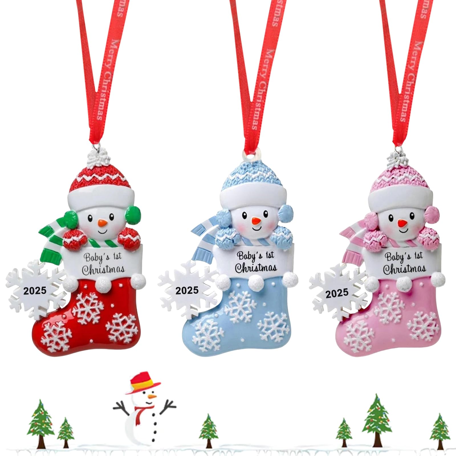 Larfraecy Colgantes Decoración Árbol de Navidad 3Pzs Adorno de Navidad Personalizado,Adorable Bebé de Nieve en Medias con Copo de Nieve Decoración para el Árbol de Navidad