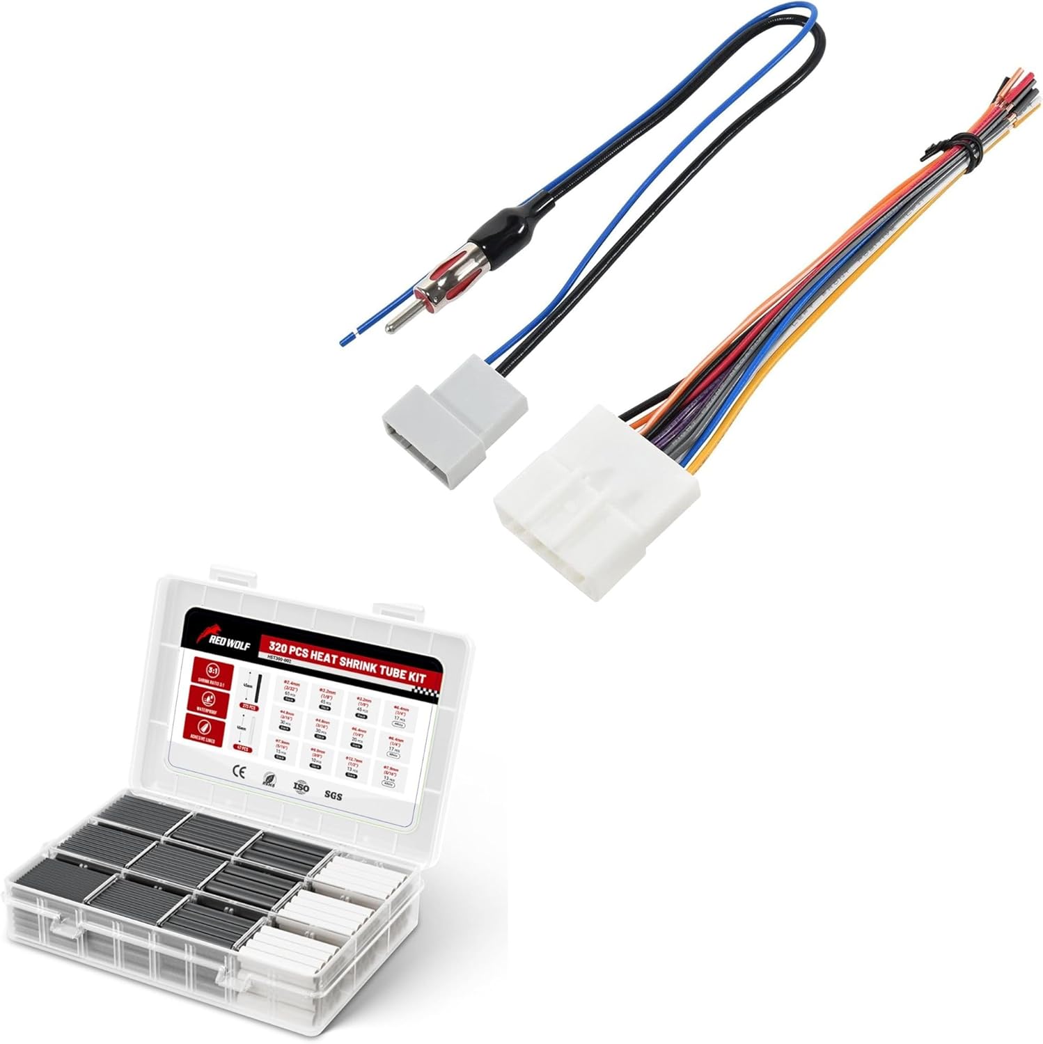 RED WOLF Stereo Wire Harness w/Antenna Adapter for Select 2007-2013 Nissan Subaru Infiniti Murano w/320 PCS Heat Shrink Wrap 3:1 Ratio Adhesive Lined Insulation Waterproof Black & White