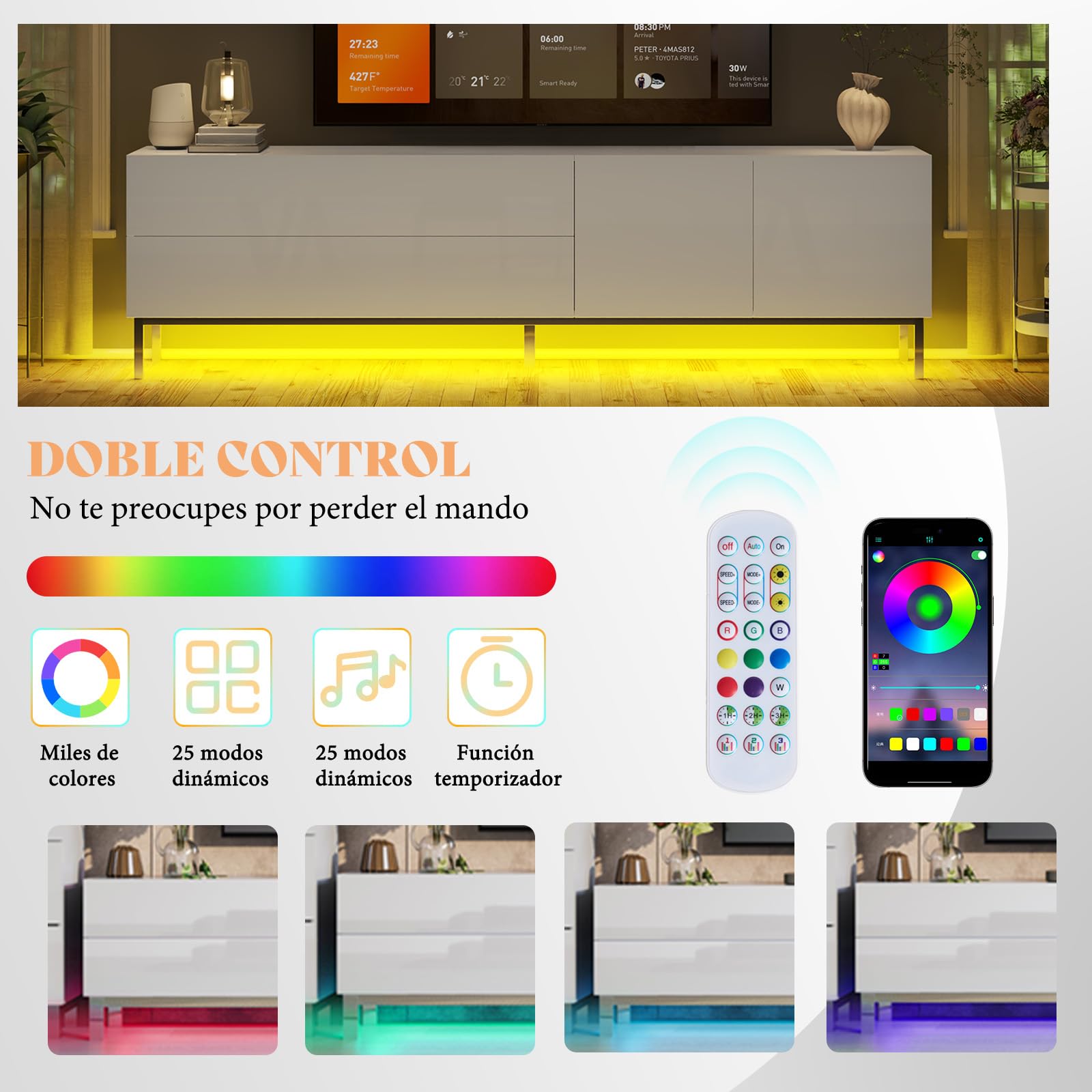 LUXOAK TV Lowboard Hochglanz Weiß mit LED, Fernsehschrank für Fernseher bis 80 Zoll, mit Schublade & Türen, 160 x 40 x 54.5cm, verchromten Füßen für Wohnzimmer & Schlafzimmer