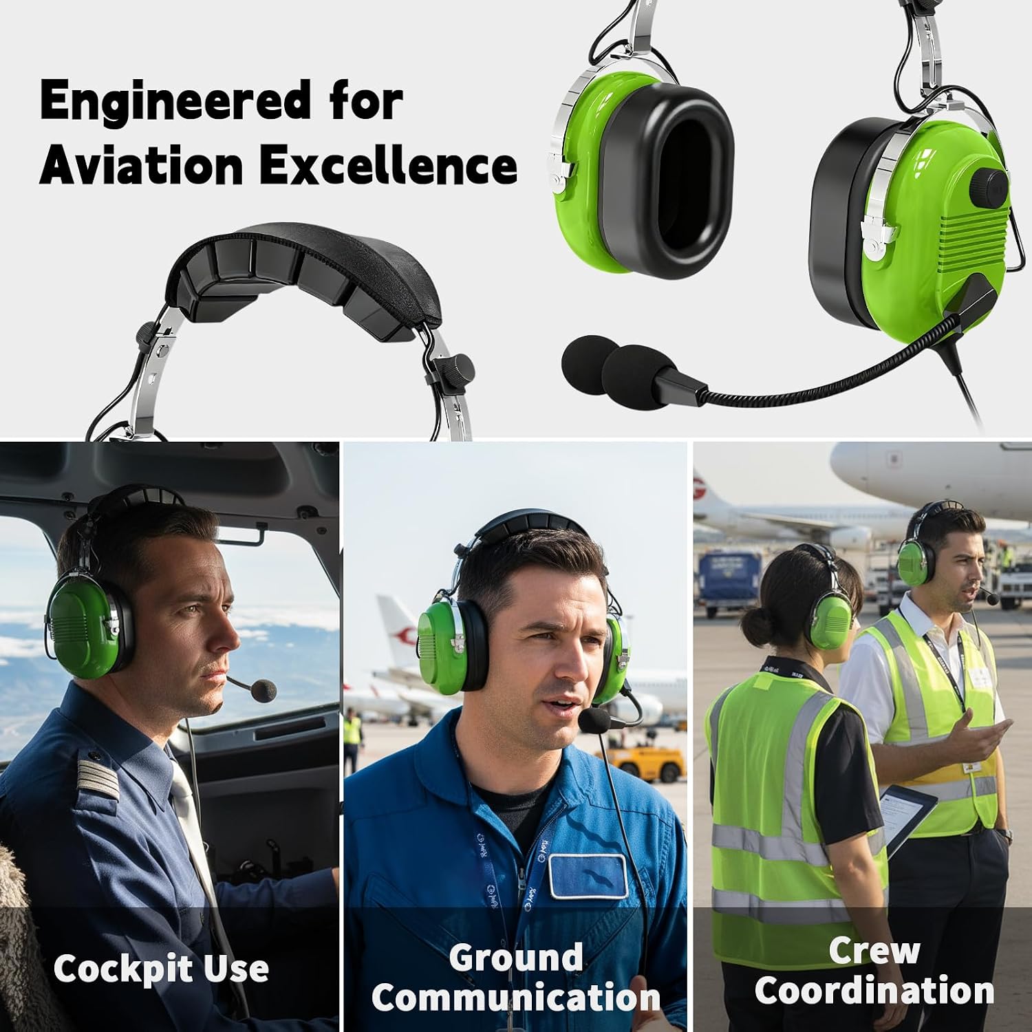 Aviation Headset Pilot Noise Cancelling Headphones for Pilot Flight School Student Dual Twin GA Plug Helicopter Headsets (Bright-Green)