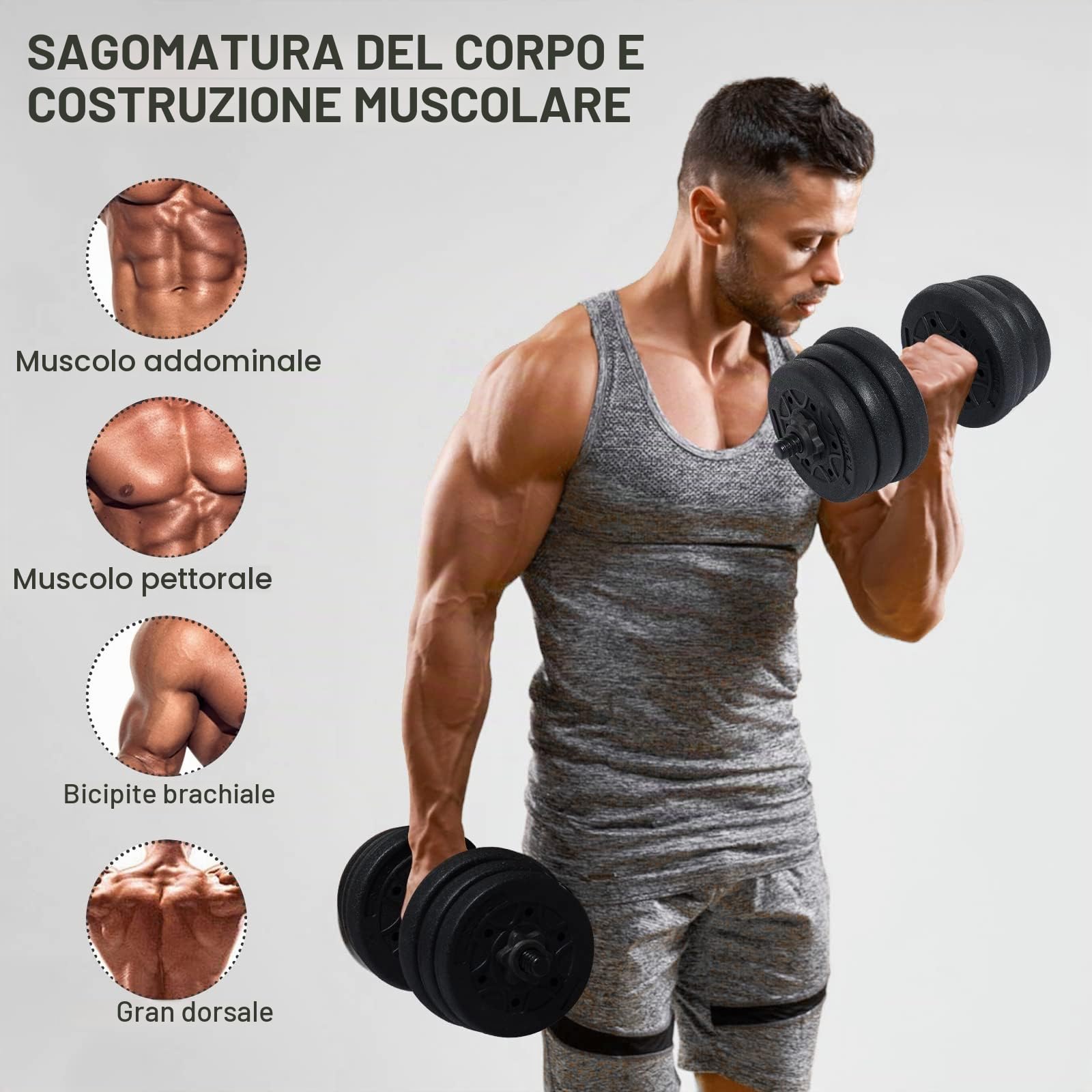 Set di Manubri Corti 2 in 1, Manubri Palestra Regolabili 20KG, Set di Pesi Professionale con Barra Bilanciere Extra