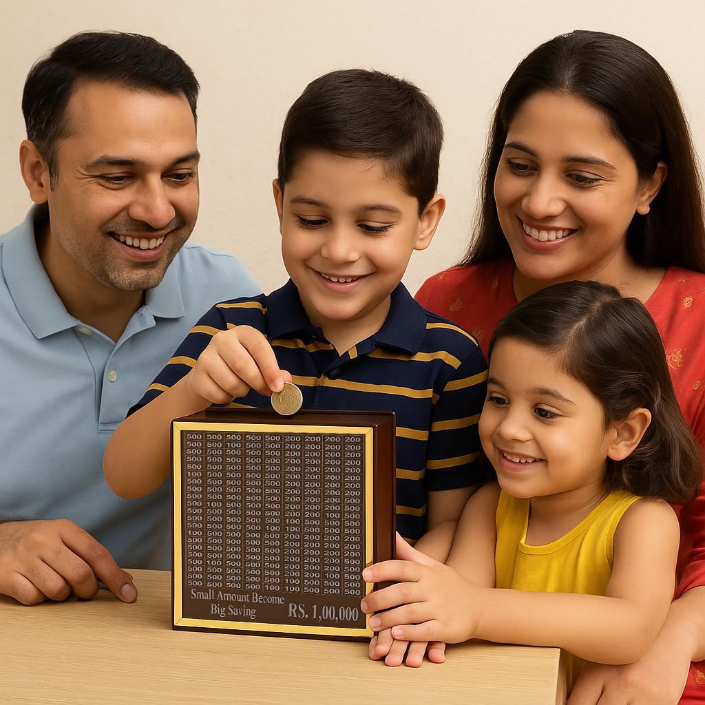 DALUCI Money Saving Box for Adults & Kids | 1 Lakh Savings Challenge Wooden Piggy Bank with Denomination Grid | Cash Saving Box, Budget Organizer & Unique Gift Item (Golden Line) - Image 9 thumbnail