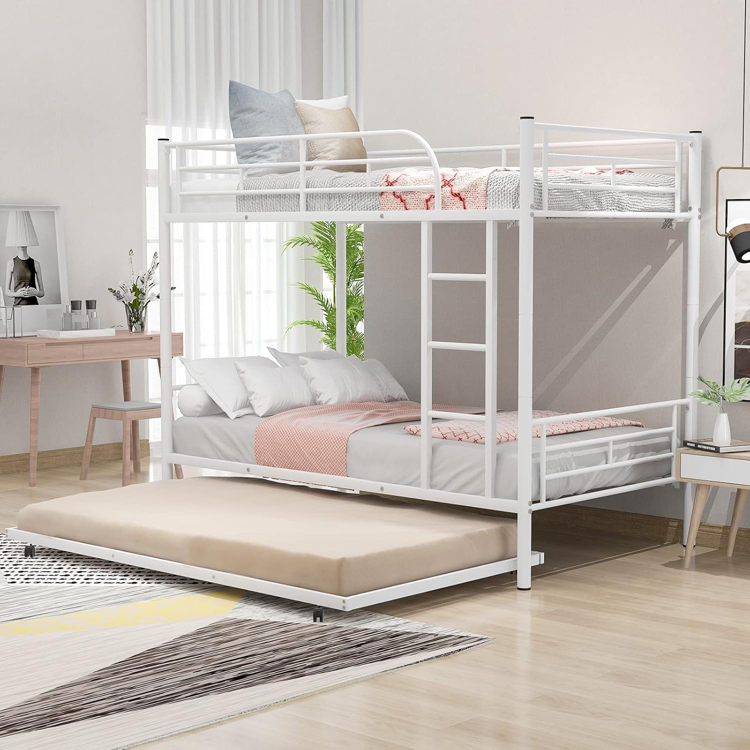 Smake mart Metal Bunk Bed with Trundle, Twin Over Twin Bunk Beds Frame with Ladders Heavy Duty bunkbed for Junior/Adults, Safety Full-Length Guardrail Easy to Climb (White)