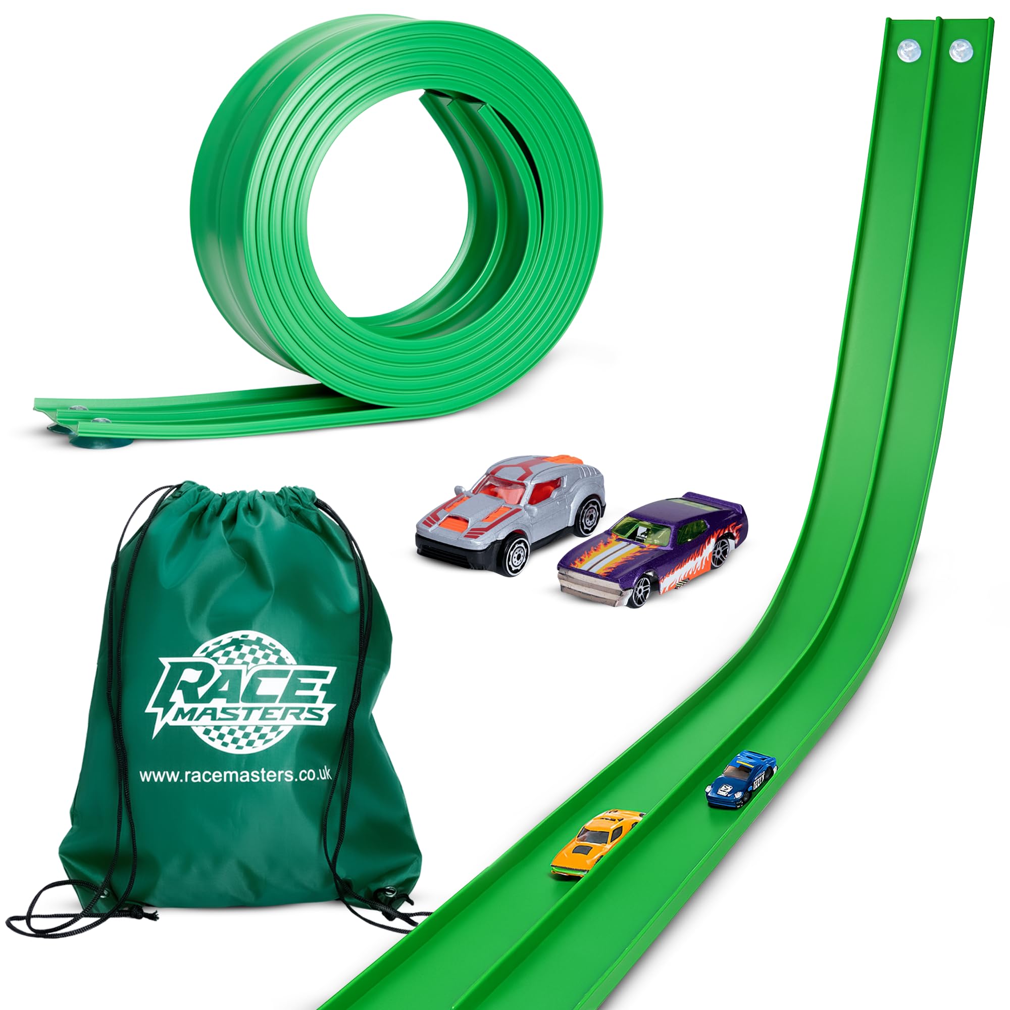 FlexiTrack – 5m Flexible Two-Lane Die-Cast Car Track Toy | Includes 2 Race Cars & Storage Bag | Mounts on Windows, Doors & Walls | STEM Toy for 3+ Year Old Kids | Tool-Free Setup | Made in the UK