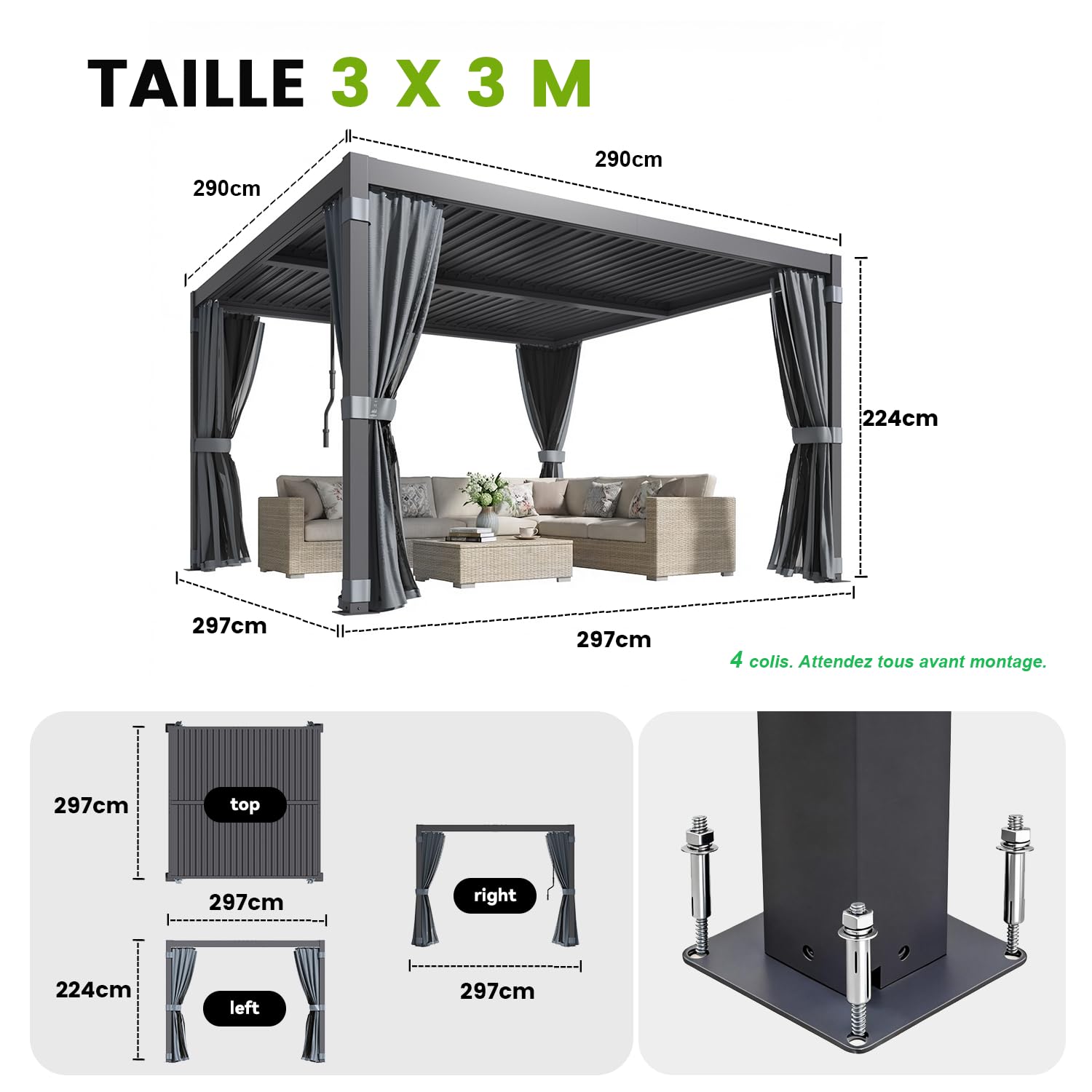 Pergola Bioclimatique 3x3 m, Pergola en Aluminium et Acier avec Toit à Lamelles Orientables, Tonnelle de Jardin avec Rideaux Étanches et Moustiquaires, Noir