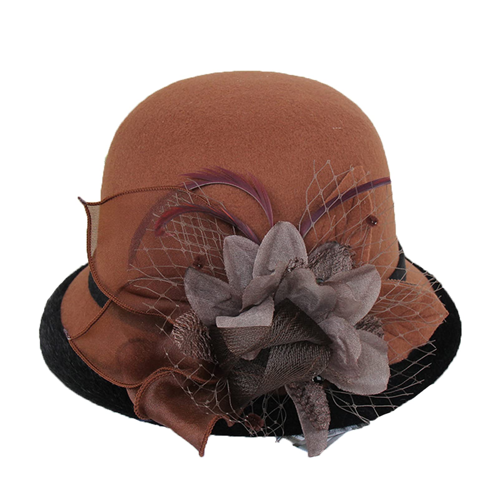 seven wolvesWool Felt Cloche Fedora Hat Winter Warm Bucket Hat Ladies Church Derby Party, 2-brown, 1-2