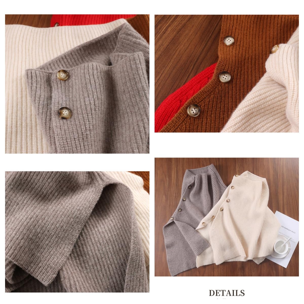 Poncho De Mujer Poncho De Lana Merino 100% Para Mujer Con Botones Jersey De Punto Acanalado Top Con Hombros Descubiertos Capa Con Abertura Lateral Suéter Pashmina Chal Y Calentador De C