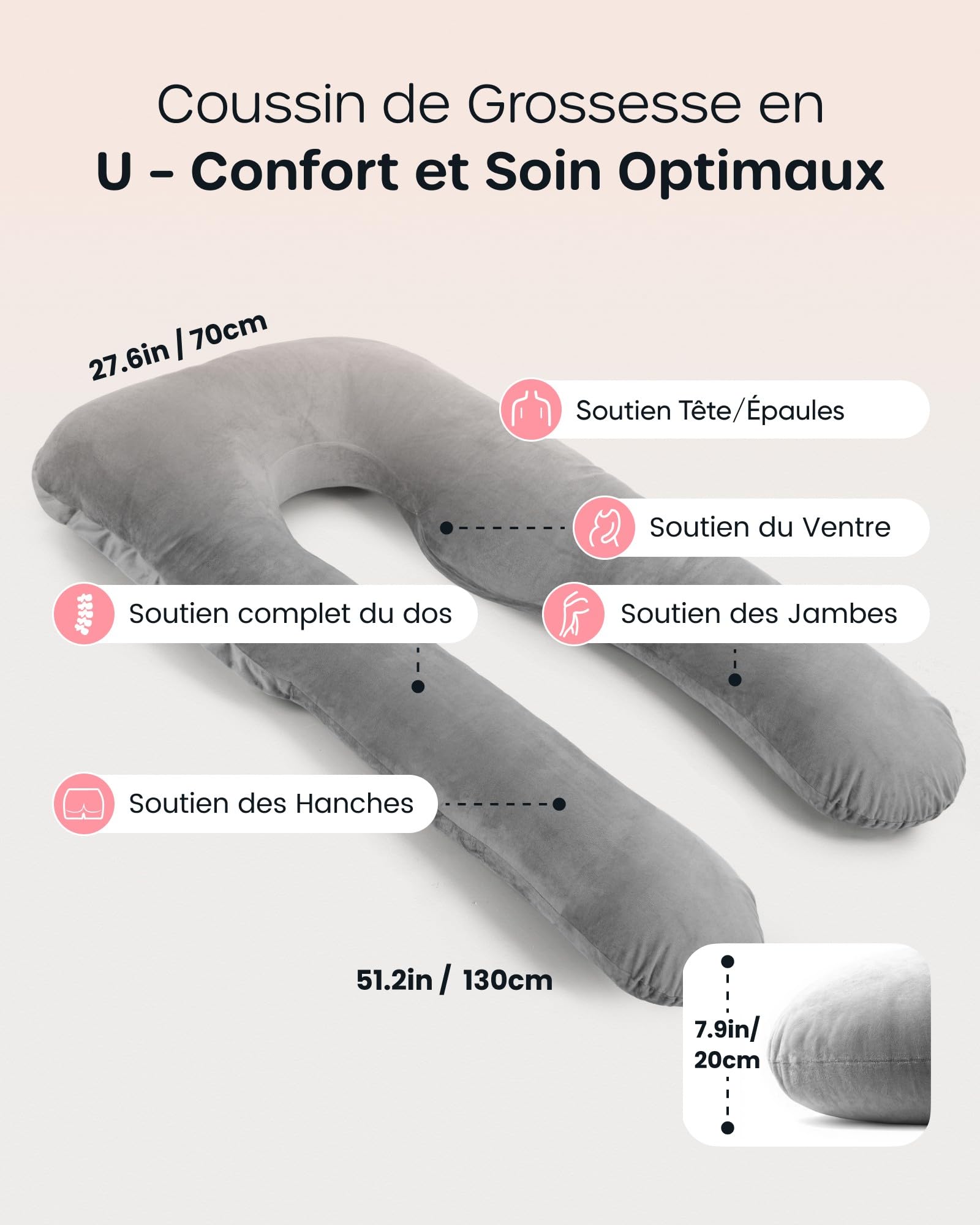 Nuliie Coussin de Grossesse pour Dormir, Oreiller de Corps Complet en Forme de U, Soutien pour Le Dos, Les Hanches et Les Jambes des Femmes Enceintes, avec Une Housse en Velours Lavable (Gris)