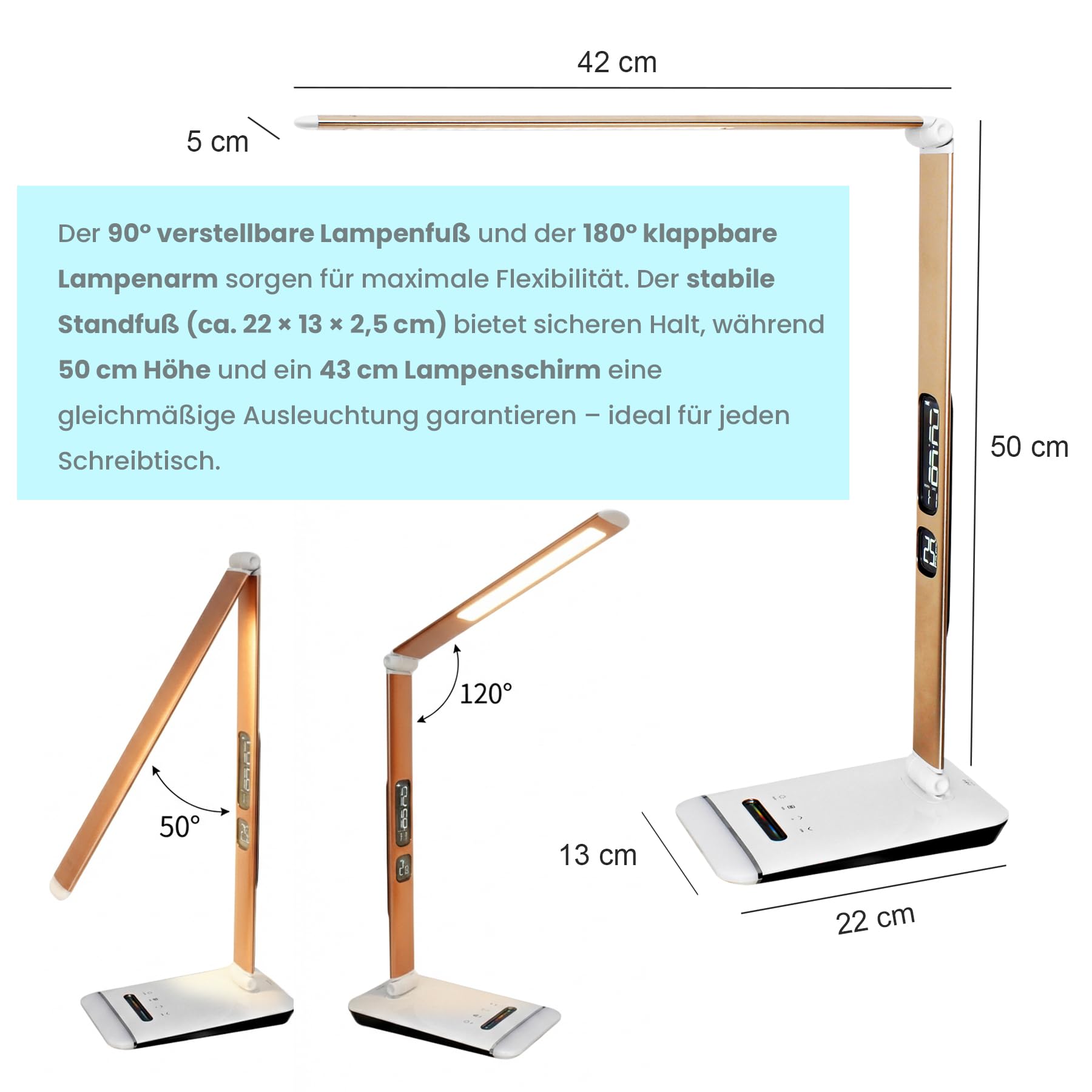 Eaxus LED Schreibtischlampe 12 Watt mit RGB-Farbwechsel, Tischlampe dimmbar 500 lm, Lampe mit Touch-Funktion, Uhr, Kalender & Temperaturanzeige, Büro Tischleuchte, Schreibtisch Zubehör, Kupferfarben