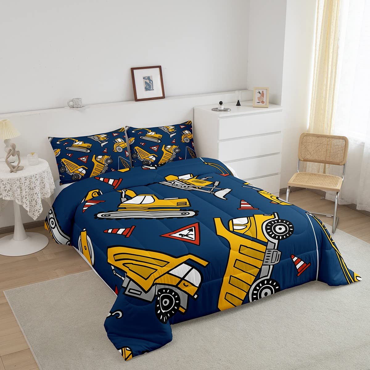 Feelyou Excavator Comforter Set Construction Vehicles Bedding Set Cartoon Truck Comforter Heavy Equipment Trucks Quilted Duvet Set for Kids Boys Girls Twin