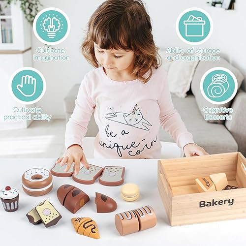 Miniatura 3 de 10 PCS Bakery Wooden Play Food Set for Kids Kitchen, Wooden Food Cutting Toys, Pretend Play Kitchen Food Toy Accessories with Storage Box, Christmas