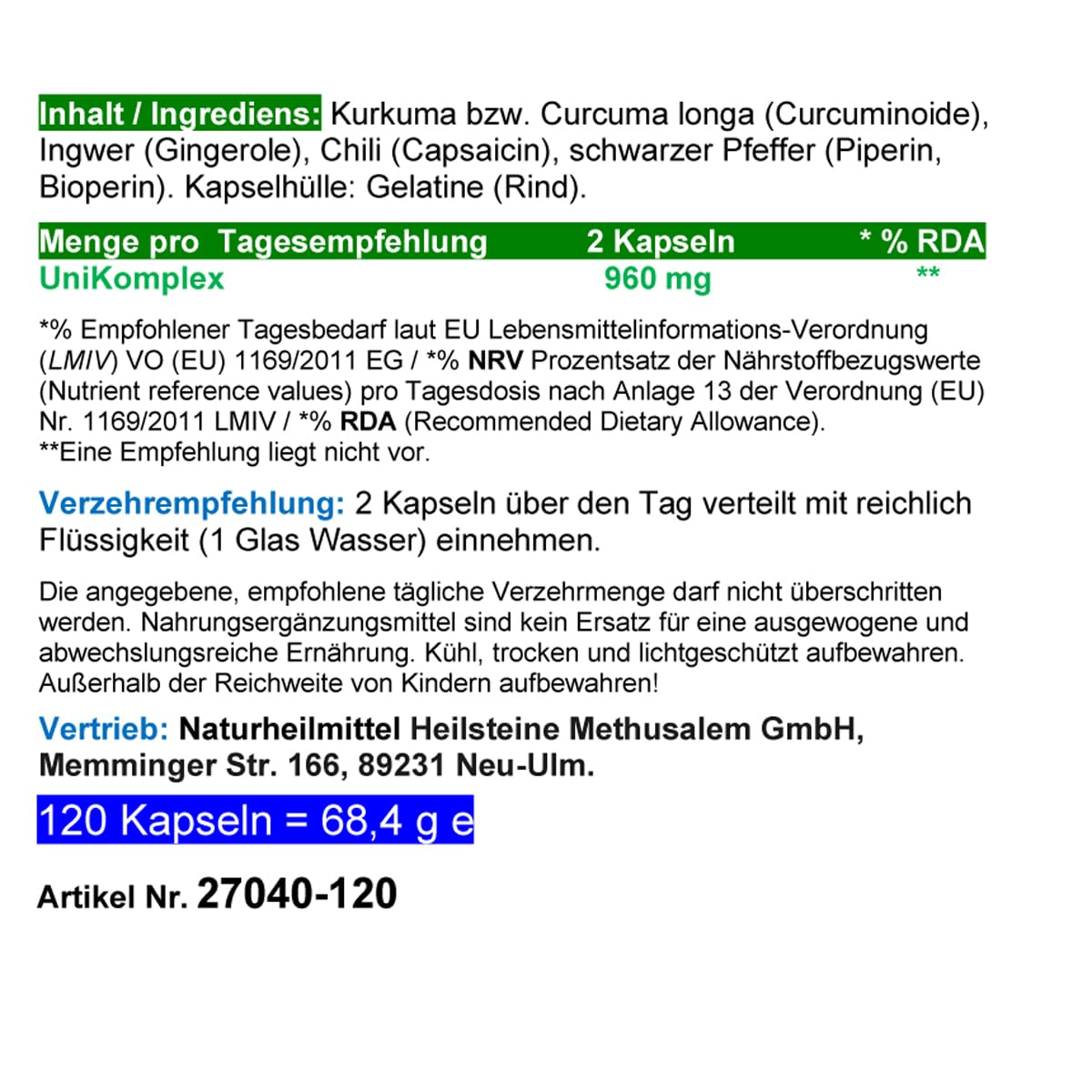 KURKUMA + INGWER + CHILI + PFEFFER - Piperin & Curcumin - UniKomplex - 360 (3x120) Pulver Kapseln - Natur pur - OHNE ZUSATZSTOFFE. 27040-3