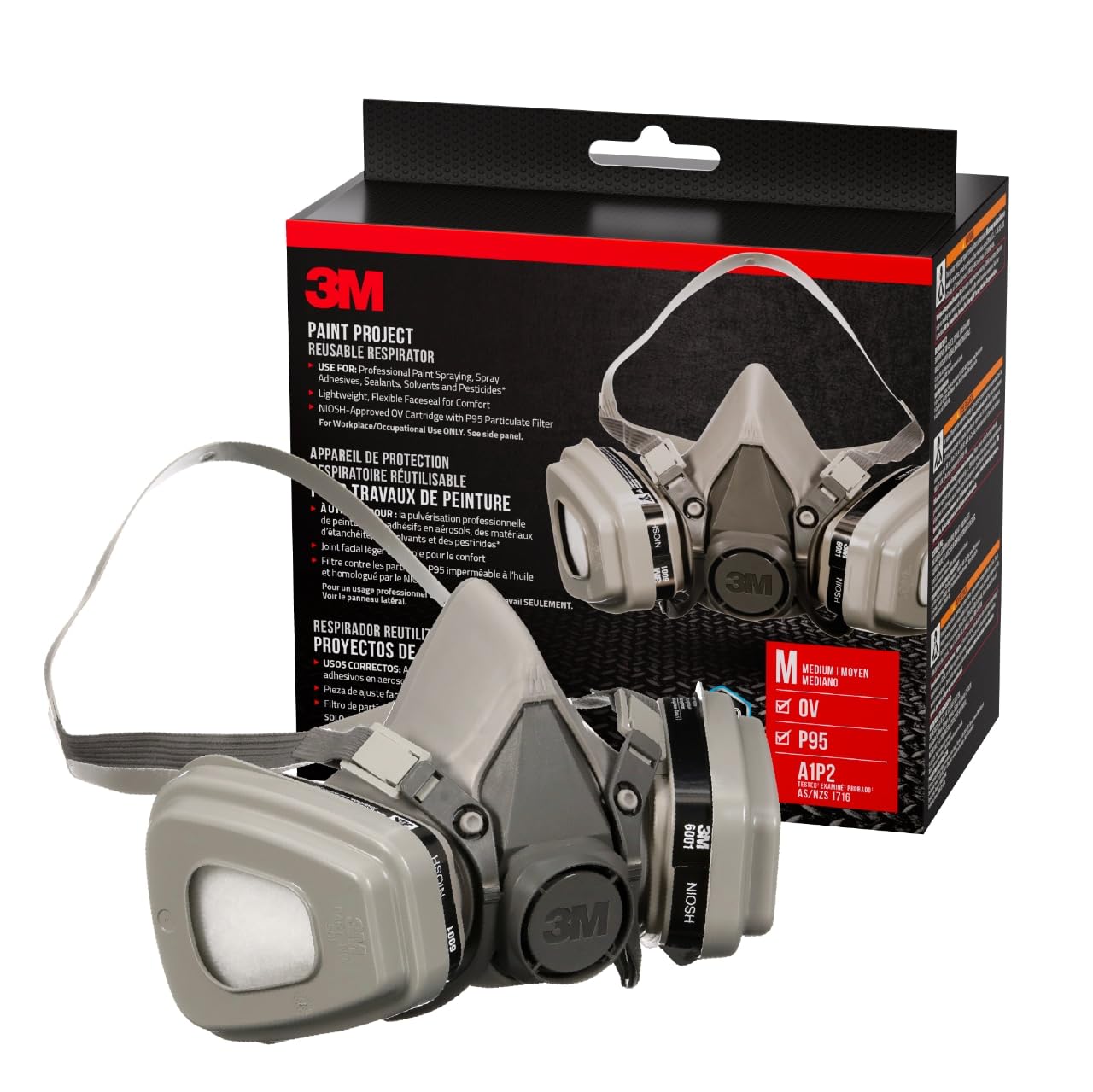 3M P95/OV Paint Project Reusable Respirator 6211, Medium Size, NIOSH-APPROVED Organic Vapor Cartridge & P95 Rated Filters, Lightweight, Flexible, Thermoplastic Faceseal For Comfort (6211P1-DC)