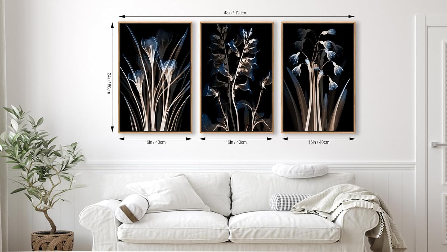 Large Modern Framed Wall Art - Natural Float Framed Blue Brown Flowers Black Canvas Pictures Decor Abstract Botanical Artwork for Living Room Bedroom Kitchen Home Office Decoration 48" X 24" Set of 3