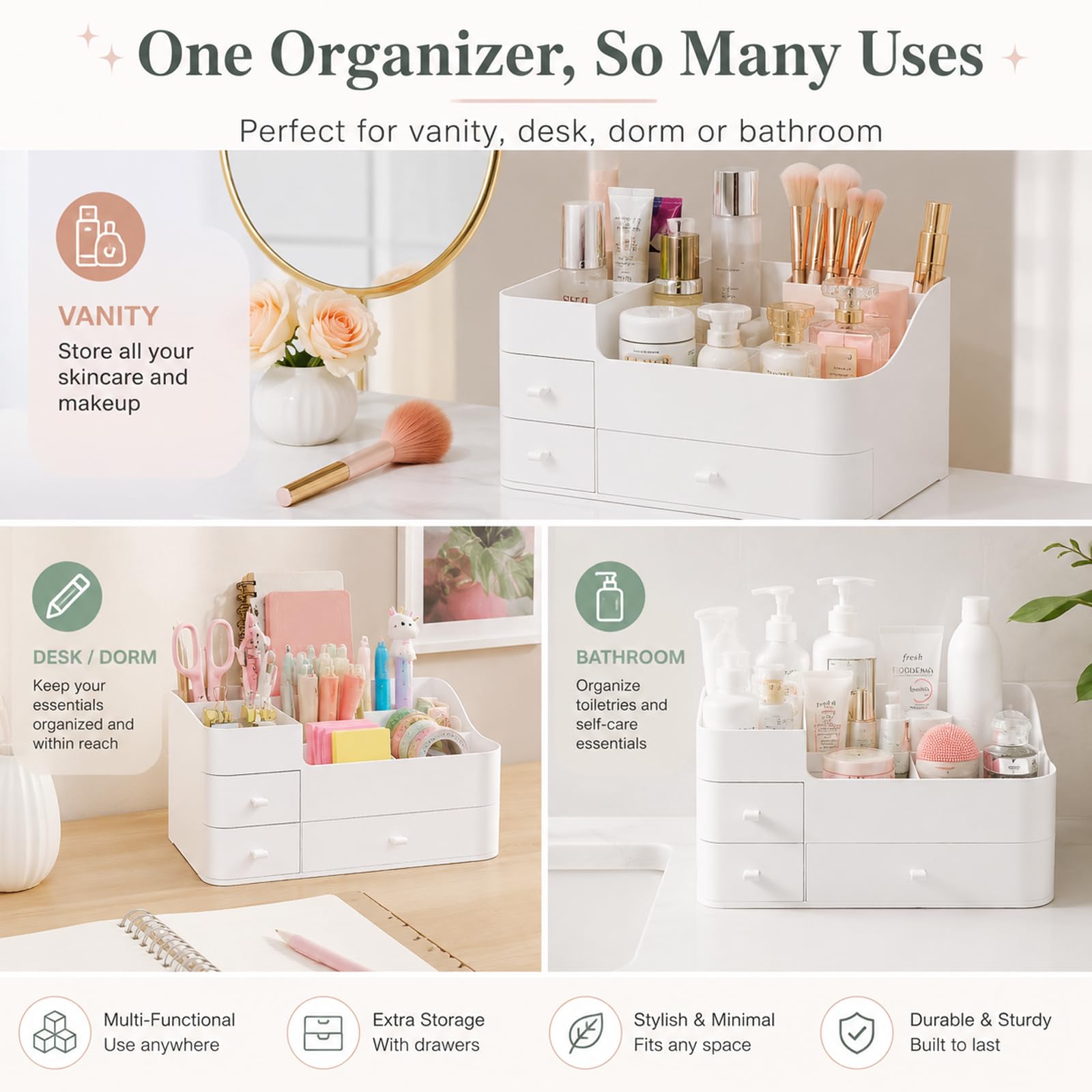 Organizador de maquillaje con cajones, organizador de baño de gran capacidad para encimera, tocador o dormitorio, ideal para cosméticos, perfumes, brochas, sombras, pintalabios y esmaltes