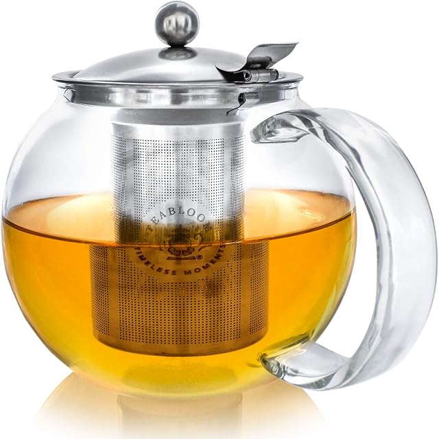 Teabloom Stovetop Safe & Lead-Free Glass Teapot Kettle  40 oz / 1.2 L Capacity (4-5 Cups)  Removable Stainless Steel Infuser  Great for Loose Leaf Tea, Blooming Tea, Tea Bags & Fruit Infused Water