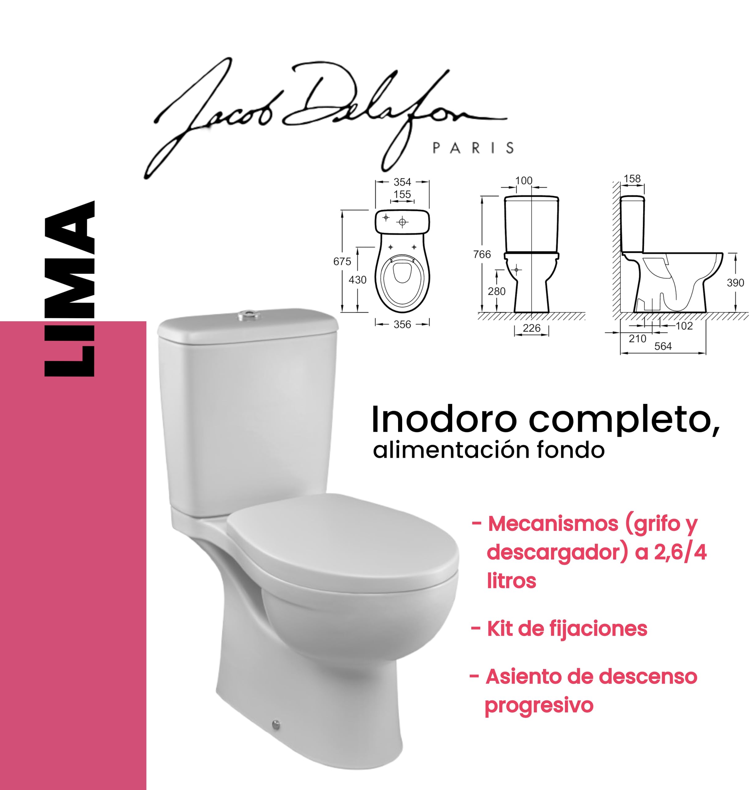 JACOB DELAFON WC Inodoro completo a suelo Salida vertical Alimentación fondo Sistema rimless Asiento amortiguado Doble descarga 2,6/4 l LIMA E40026-00