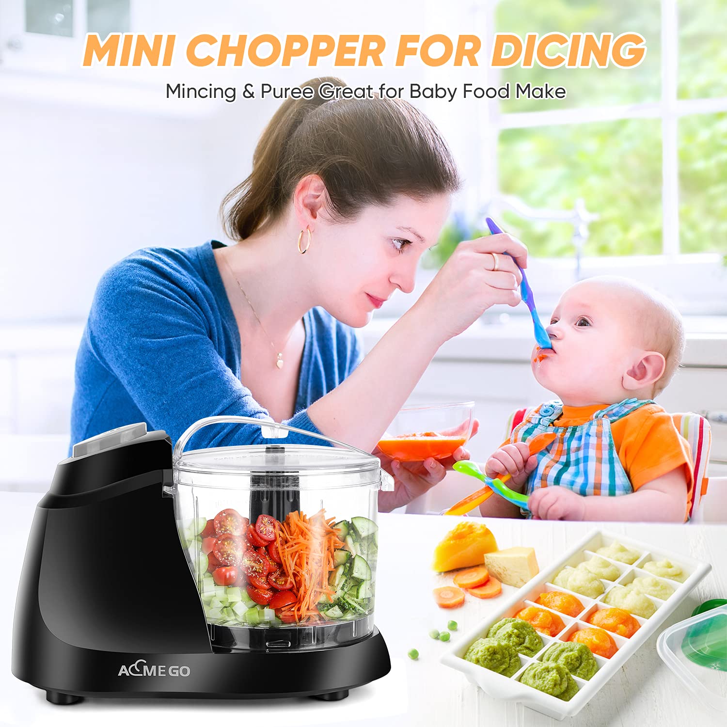 AEMEGO Mini Food Processor 1.5 Cup Meat &Vegetable Electric Food Chopper Detachable Small Food Grinder with Stainless Steel Blade for Dicing Mincing Blending Puree