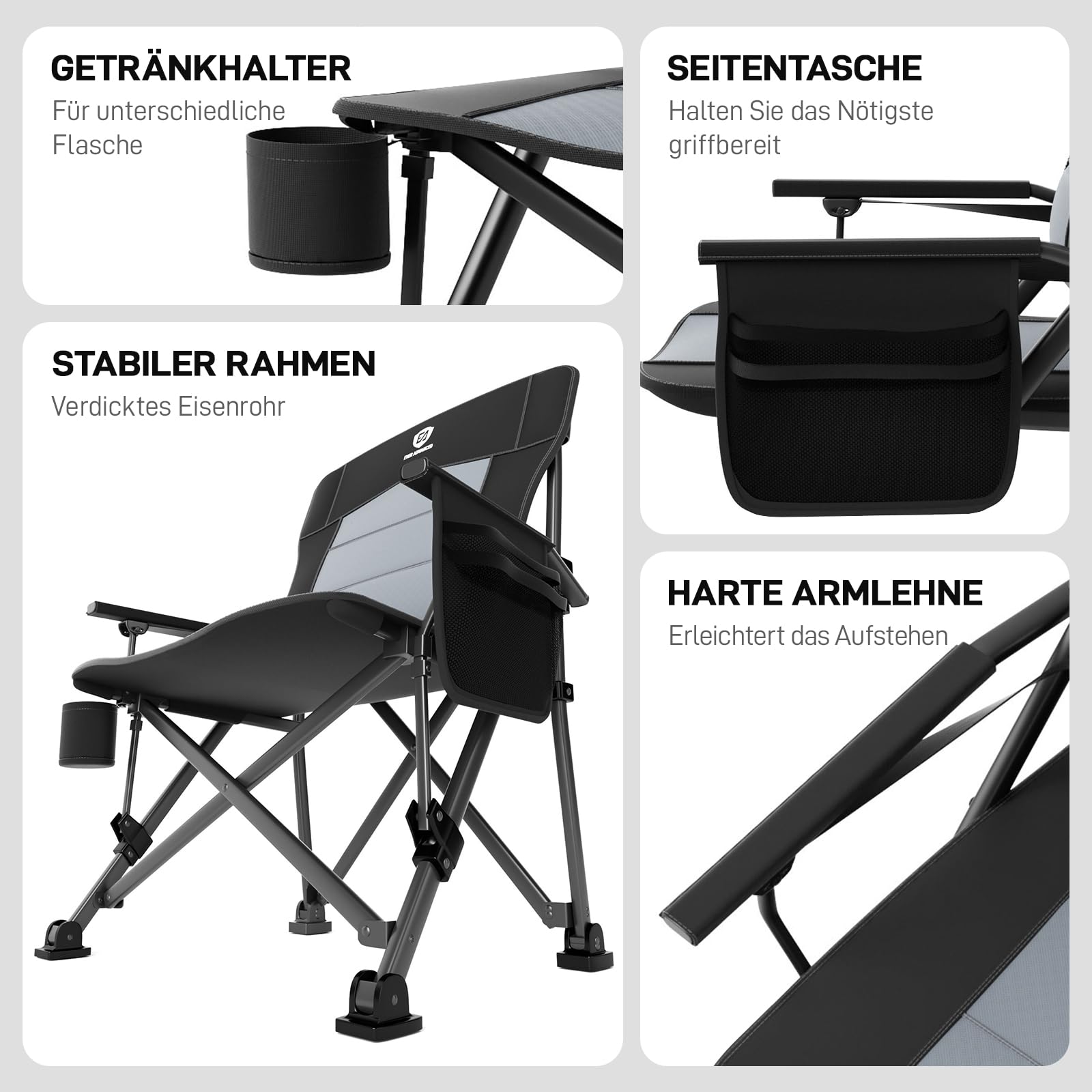 EVER ADVANCED Campingstuhl Faltbar 230KG Belastbar XL Lendenwirbelstütze | Klappstuhl 62cm Sitzbreit mit Seitentasche Getränkehalter Übergroß Faltstuhl Angelstuhl für Camping Outdoor Balkon Garten