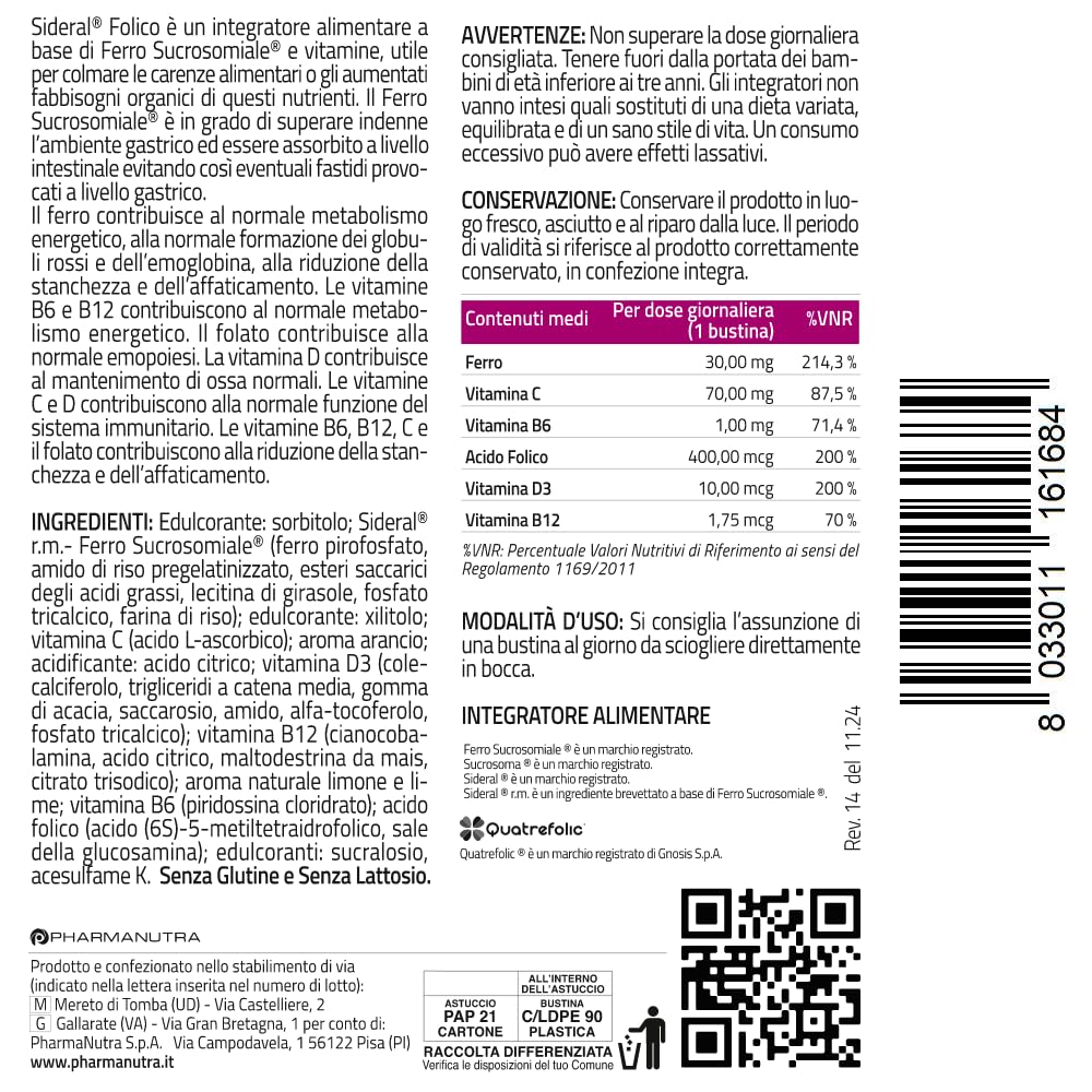 Sideral Folico, Suplemento alimenticio con hierro sucrosomial®, Quatrefolic®, vitaminas D3 y B12 Sucrosomiali®, embarazo, menopausia, ciclo menstrual abundante, 20 + 20 sobres bucales solubles