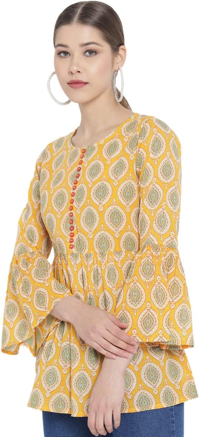 Yash Gallery Women's Cotton Floral Printed Regular Round Neck Bell Sleeve Short Kurtis Top Blouse For Summer - Image 3