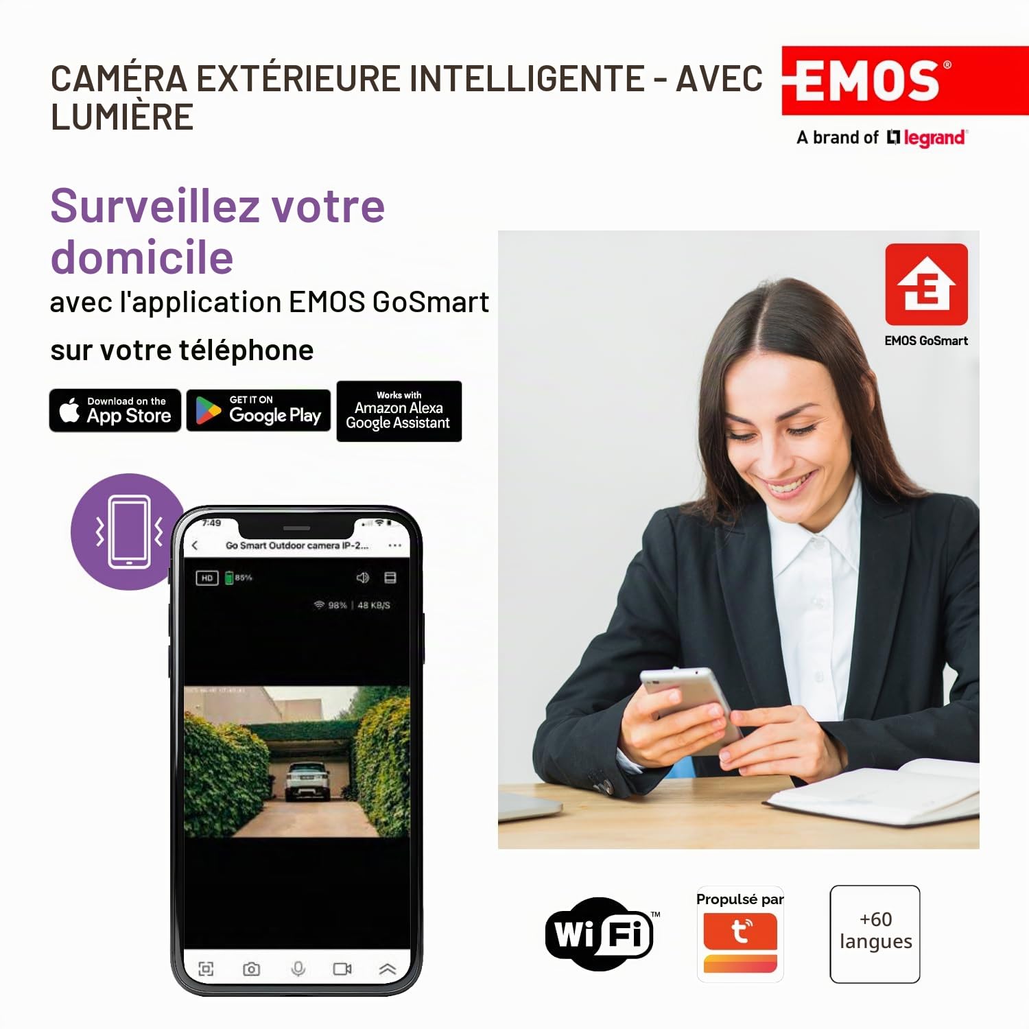 EMOS GoSmart - Caméra de Surveillance d'extérieur Smart Home avec lumière - Caméra IP Wi-FI rotative 3 MP avec Application - Vision Nocturne et sirène - Compatible avec Google Assistant et Alexa