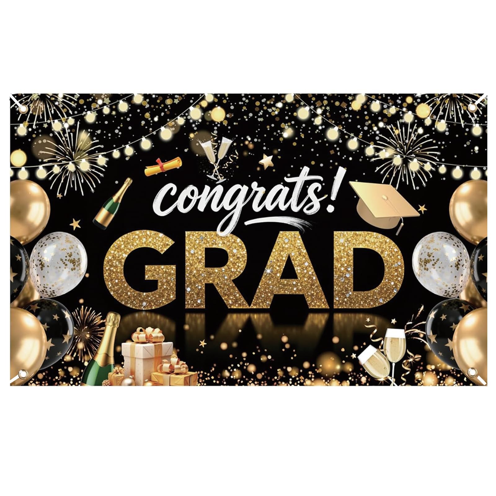 Congratulations Banner, Graduation Decorations, Class of 2026 Decorations, Party Backdrop for Ceremonies and Celebrations, 110 x 180 cm (Black & Gold)