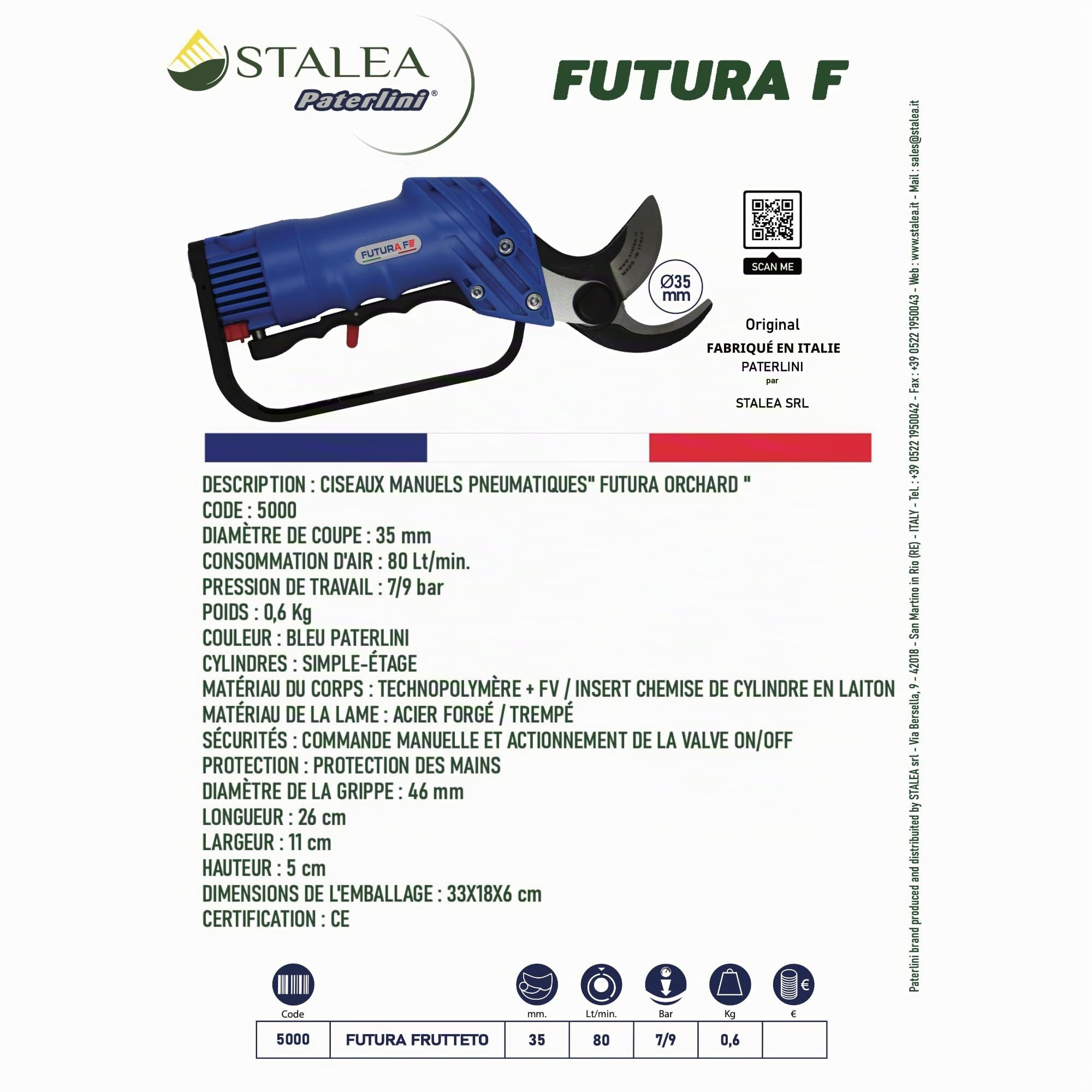 PATERLINI Sécateur Pneumatique, Direction de fruits Sécateurs - Ciseaux d'élagage à Air Comprimé pour une Taille et une Coupe de Branches sans Effort - Outils pneumatiques de Jardinage (FUTURA F)