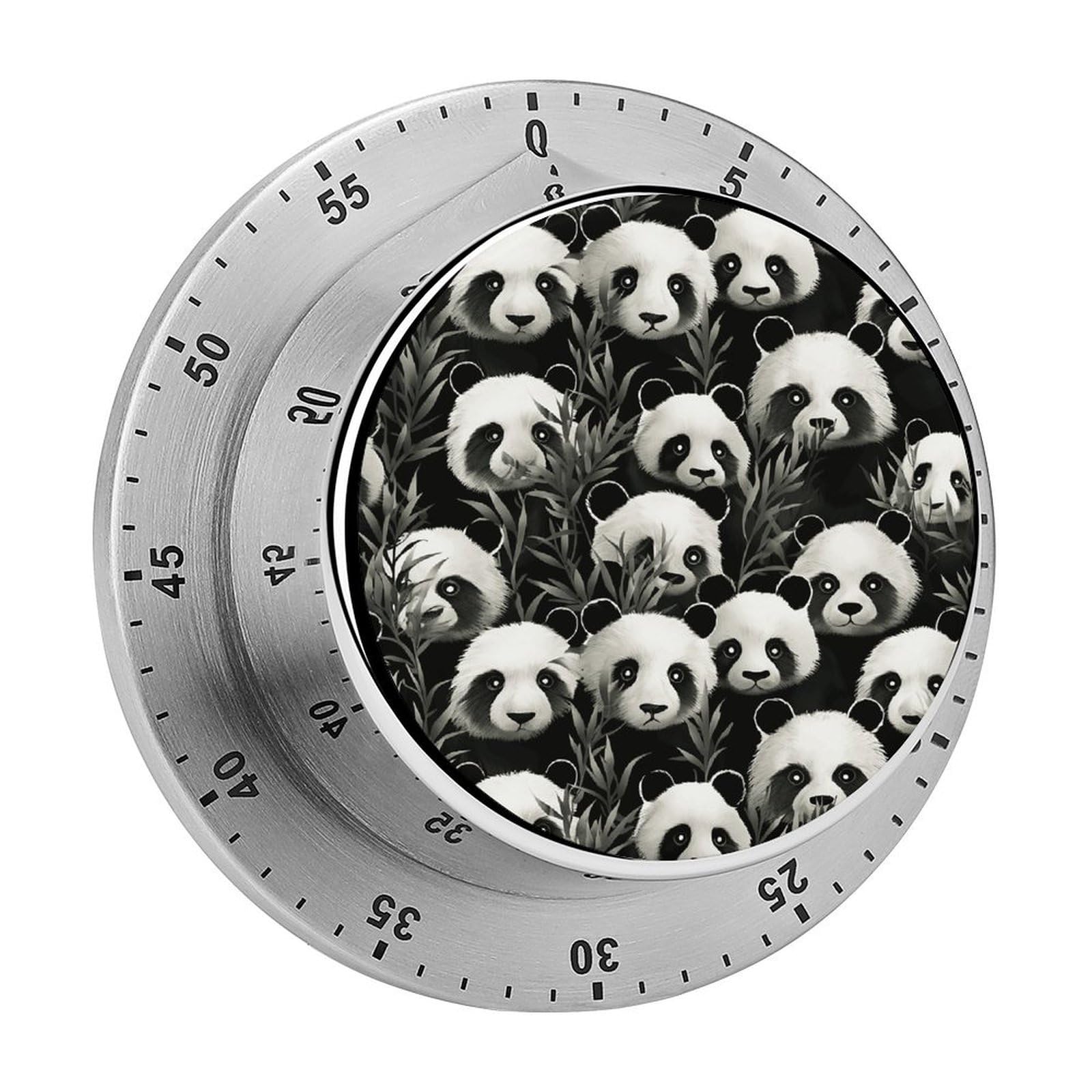 Panda Graphic Black and White Timer with Loud Alarm Precision 60 Minute Wind Up Timer Portable Manual Countdown Timers Exquisite Stainless Magnetic Kitchen Timers for Cooking Chef Clock