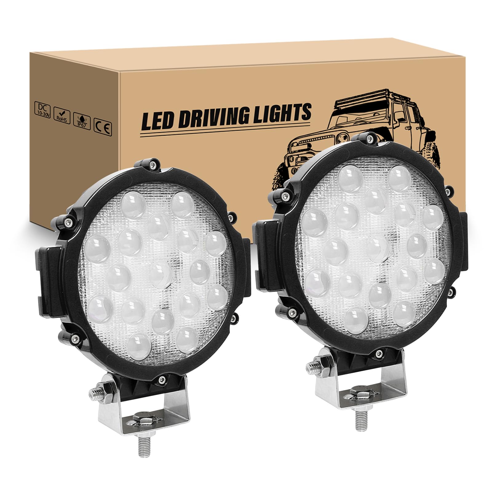RIGIDON 5D Reflektory Robocze Led Okrągły, 7 Cali 51W Led Reflektory Samochodowe, Czarny | 12V 24V, 6000K Biały, wodoodporny, światło drogowe, światło jazdy do 4x4 Ciągnik samochodowy SUV ATV ATV ATV terenowy
