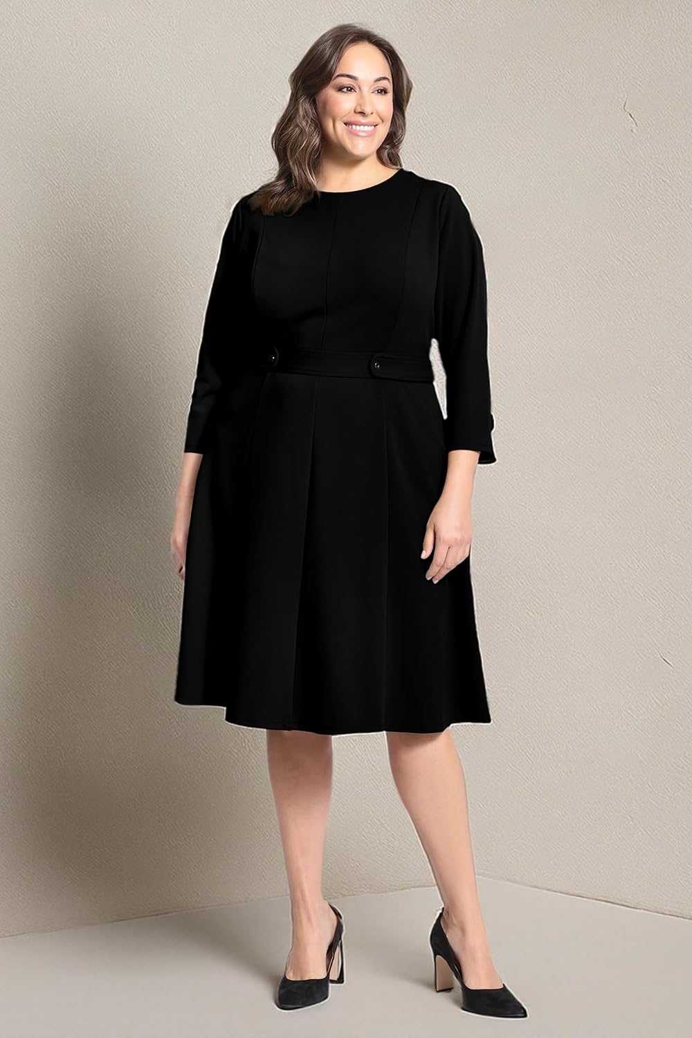 London Times Womens Crepe Fit and Flare Midi with Waist Button Detail - Image 7