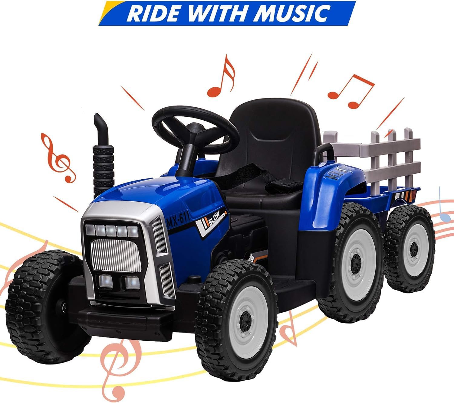 Nasitip 12V Kids Battery Powered Electric Tractor with Trailer, Toddler Ride On Car w/Remote Control/ 7-LED Headlights/ 2+1 Gear Shift/ MP3 Player/USB Port for Kids 3-6 Years (Blue, 35W/ EVA Tire)