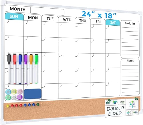 MaxGear Calendario mensual pizarra blanca de corcho de borrado en seco para pared, 24 x 18 pulgadas, de doble cara, de borrado en seco, con tablón