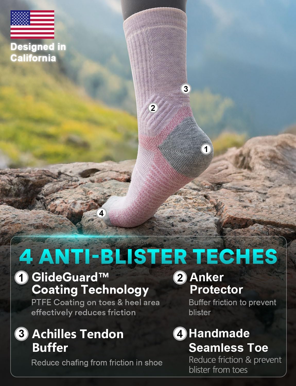 Womens Merino Wool Breathable Hiking Socks Lightweight Compression Seamless Moisture Wicking Anti-Blister Cushioned