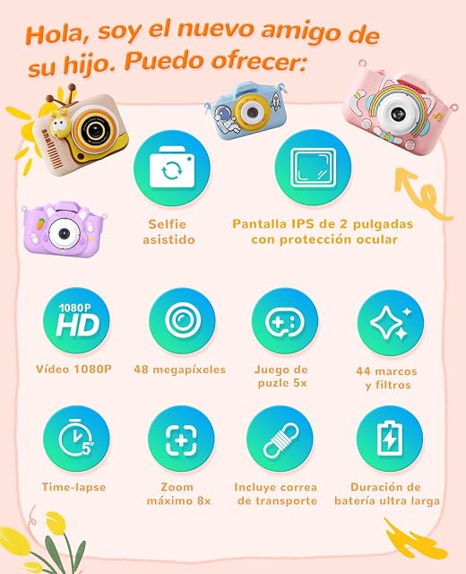 Foto 2 de 7 de Cámara de Fotos para Niños, Cámara Infantil Digital 1080P con Pantalla IPS de 2 Pulgadas