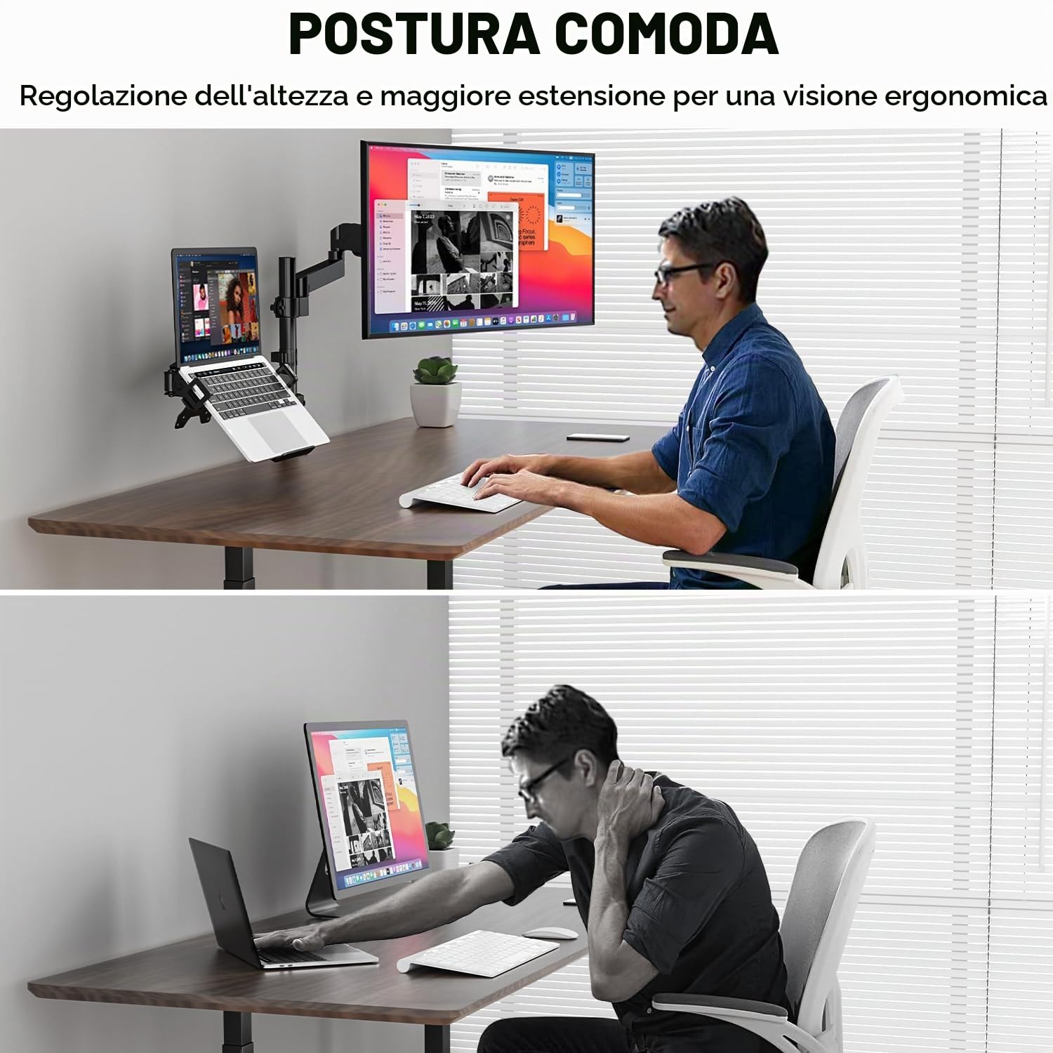 PUTORSEN Supporto Monitor Braccio con Vassoio per Laptop, Regolabile Supporto per Notebook per Schermi LED LCD da 17 a 32 Pollici o Notebook Fino a 18 Pollici, VESA 75x75/100x100mm Peso 9 kg,2 Opzioni