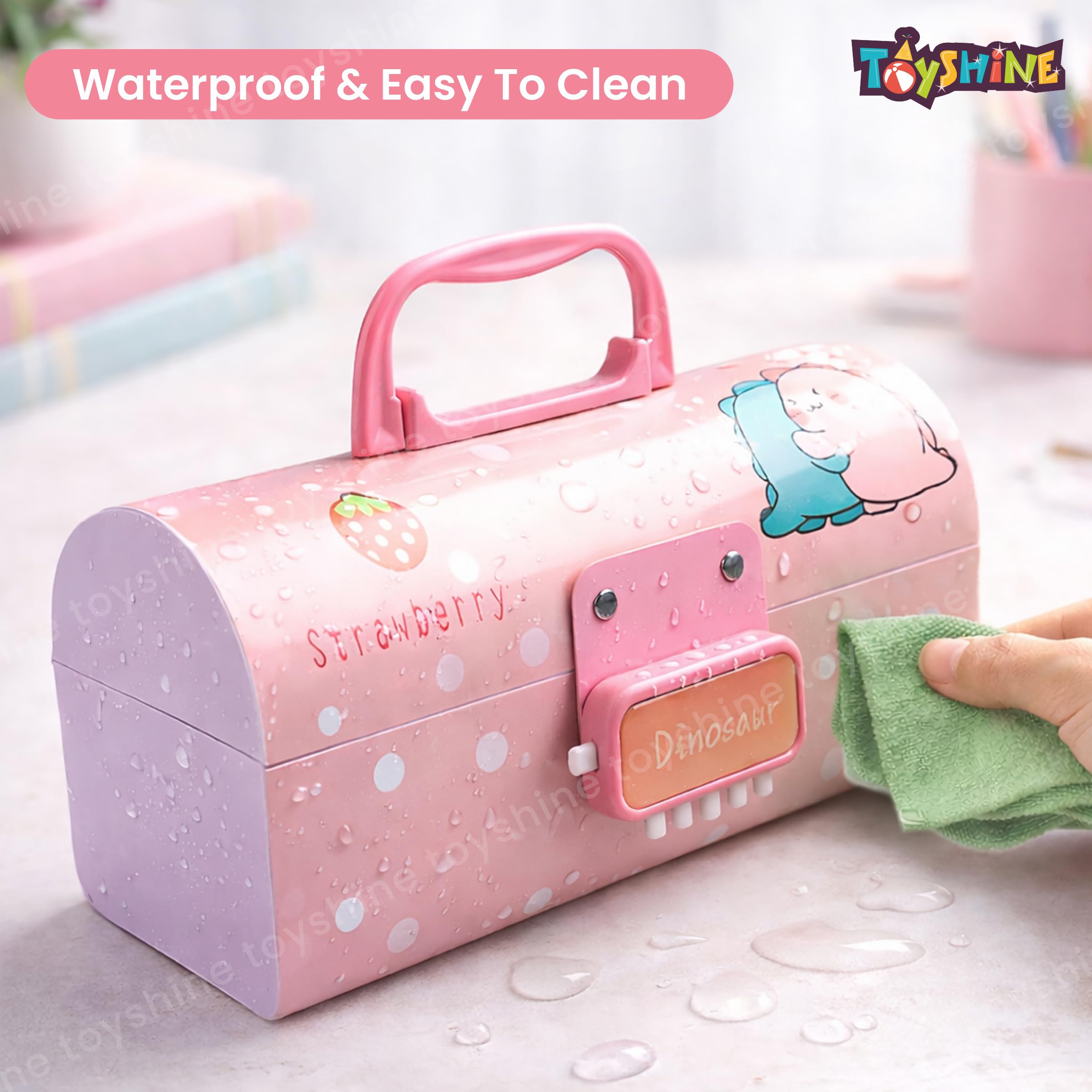 Toyshine Pencil Box with Code Lock Pen Case Large Capacity Multi-Layer Multi-Function Storage Bag Secret Compartment Pencil Box - Dino Pink 2