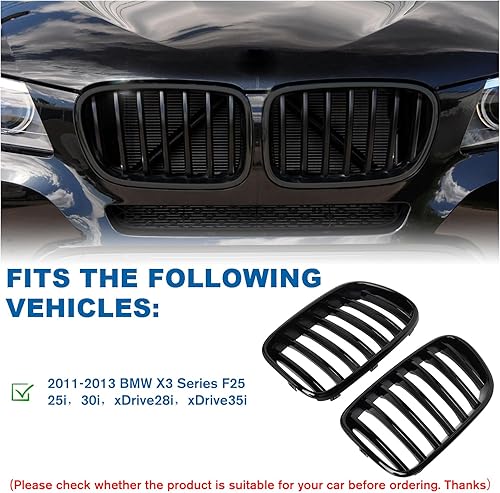 Miniatura 4 de Rejilla F25  Parrilla de riñón negra compatible con X3 F25 2011-2013, ABS de una sola lámina negra brillante
