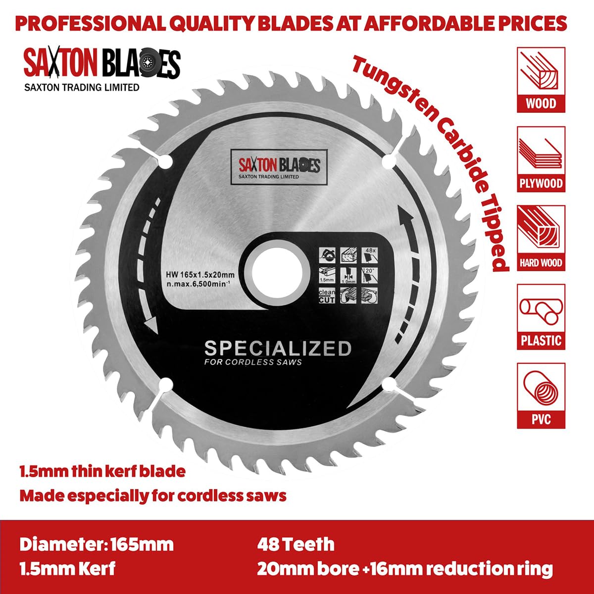 Saxton TCT165MXD - Lama per sega circolare senza fili, 165 mm, in TCT, sottile, confezione D