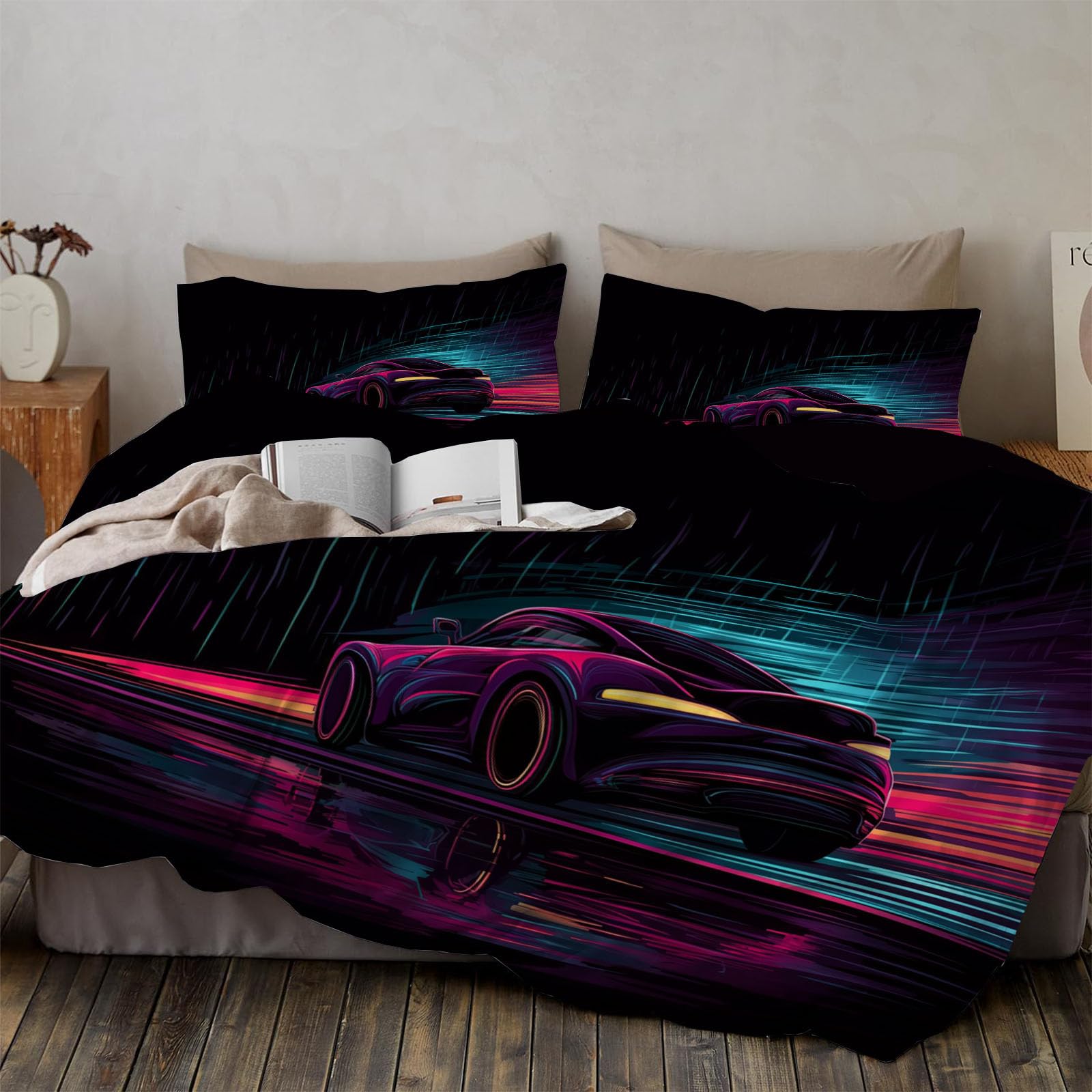 Housse de couette 200x200 voiture de sport rouge néon en microfibre avec deux taies