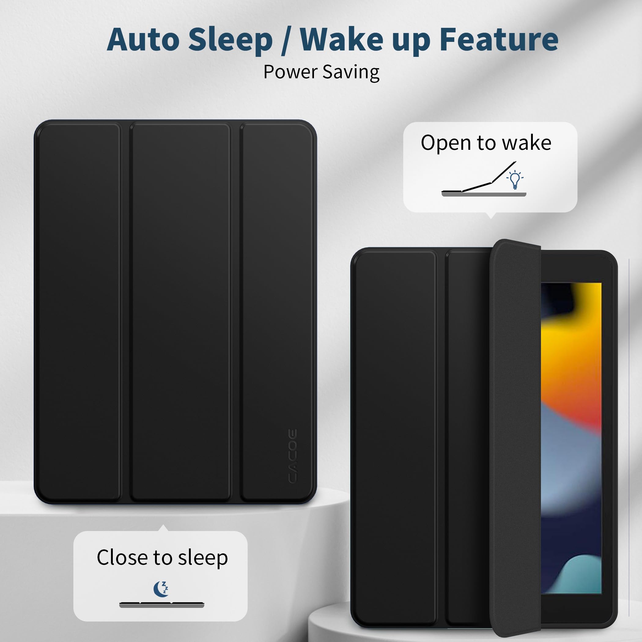 CACOE Cover Custodia Compatibile con iPad 9a Generazione 2021/iPad 8a Gen 2020/iPad 7a Gen 2019, Leggero Cover Protettivo Supporto con Pencil Holder per iPad 10.2 Auto Sveglia Sonno, Nero