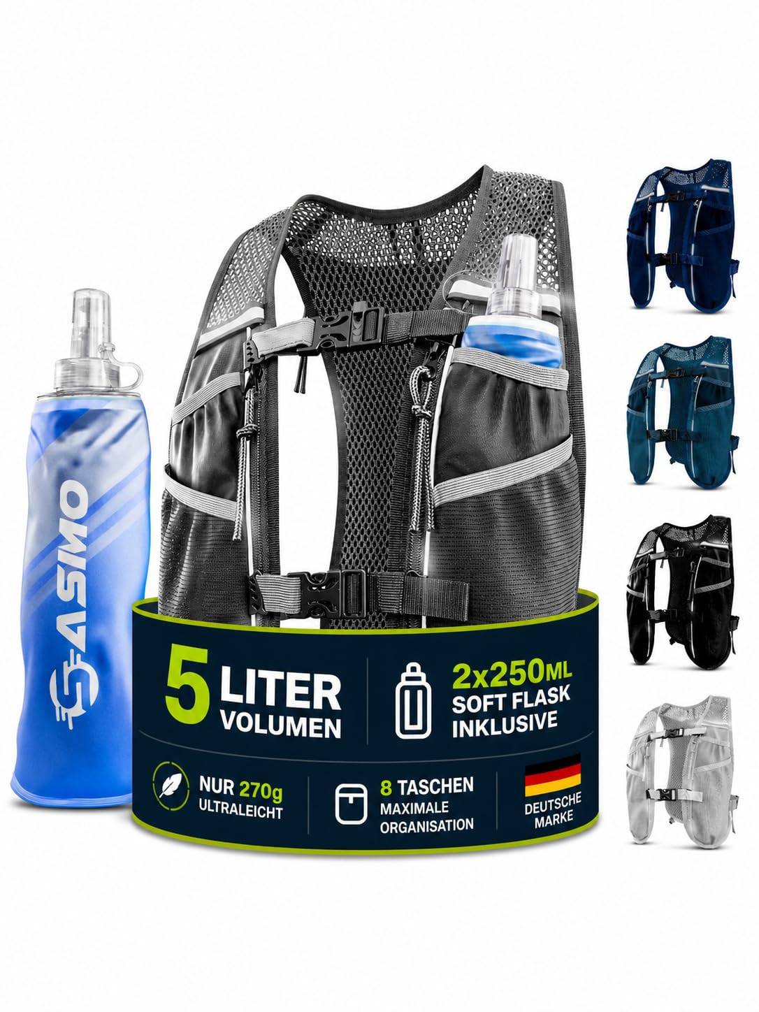 SASMO® Laufweste Damen & Herren 5L / 2L | Running Vest - Ultraleicht & atmungsaktiv| Laufrucksack Damen - 8 Taschen | Laufweste Herren | Trinkweste Laufen