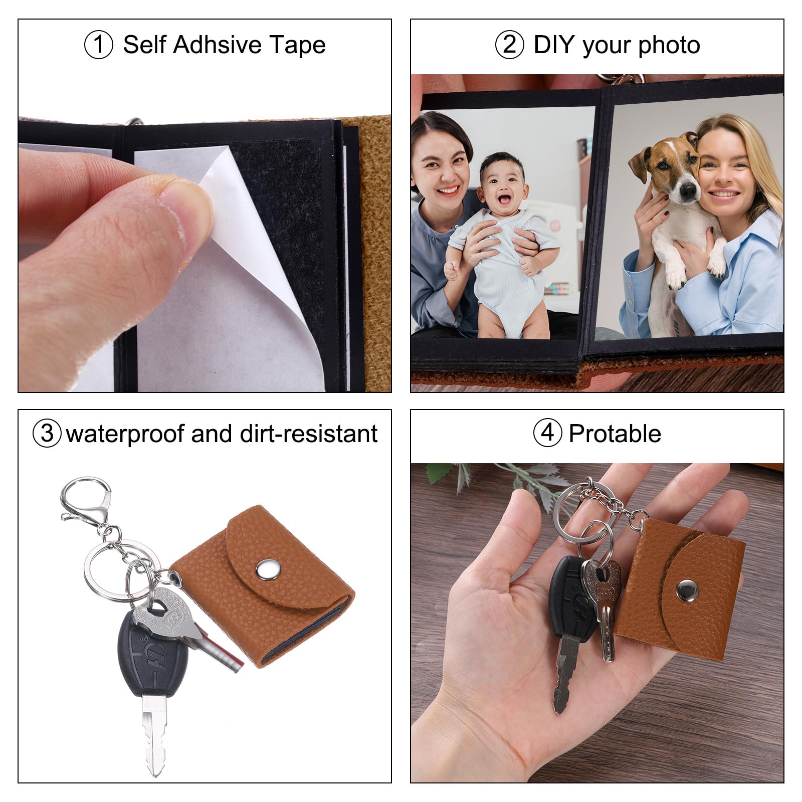QUARKZMAN Portachiavi Personalizzato con Immagini, Mini Album Fotografico Pelle Personalizzato con 10 Immagini Fai Da Te Libro Chiave Memoria Ring per Famiglia, Marrone
