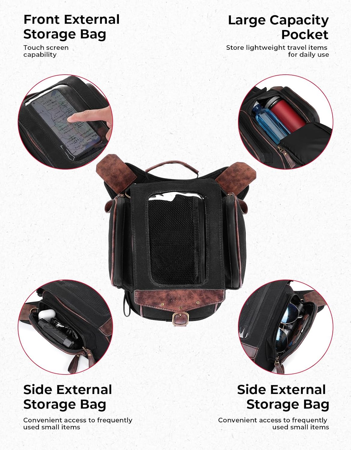 KEMIMOTO Motorcycle Tank Bag, Retro Expandable Storage Thigh Bag Leg Bag with Leg Strap, Waterproof Touch Screen Protector for Mobile Phones, Oil Waxed Canvas Material, Black 8.5L