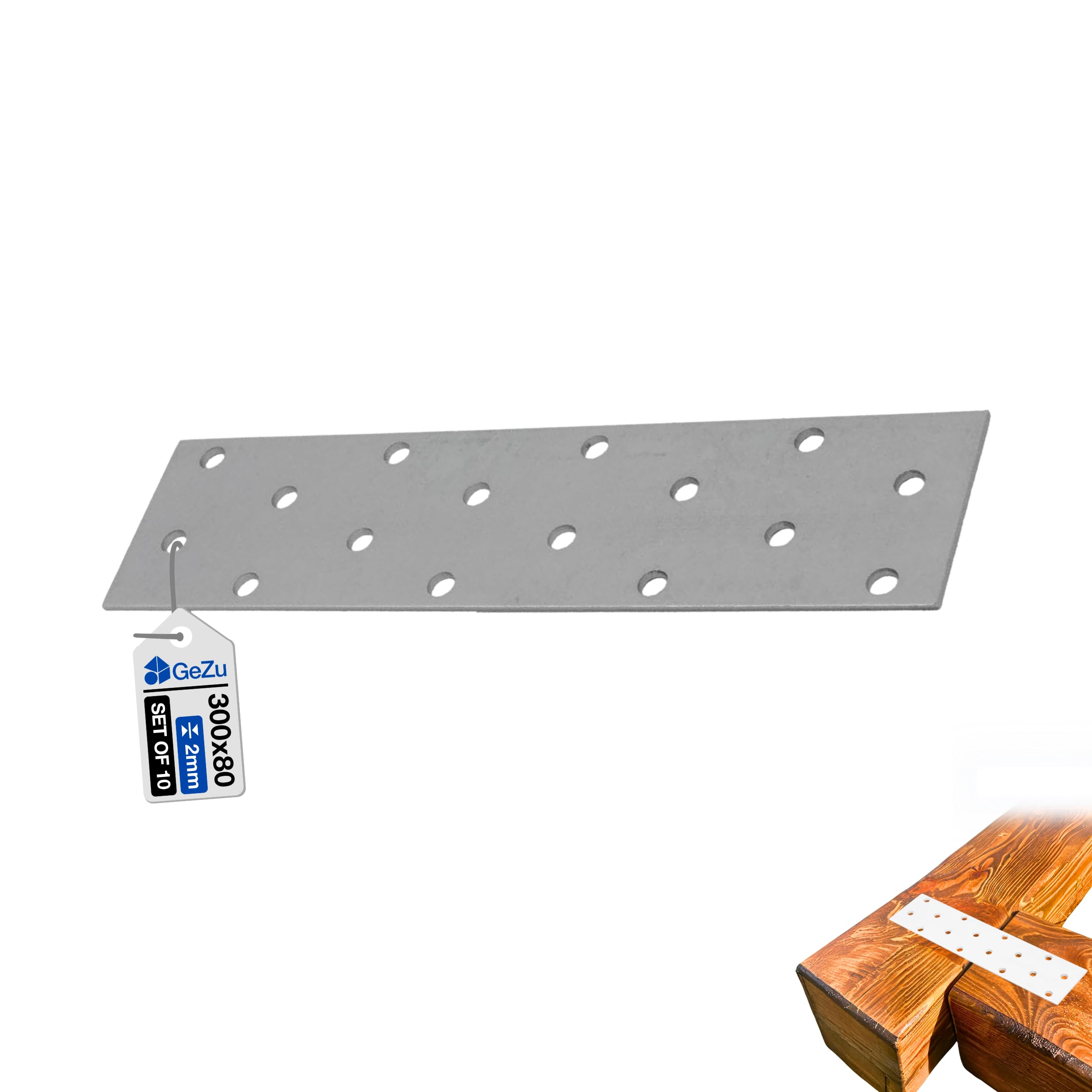 GeZu Impex Piastre di Collegamento 80 x 300 mm Zincato Set di 10 Metallico Perforato Piatto Piastre di Collegamento in Lamiera per Legno
