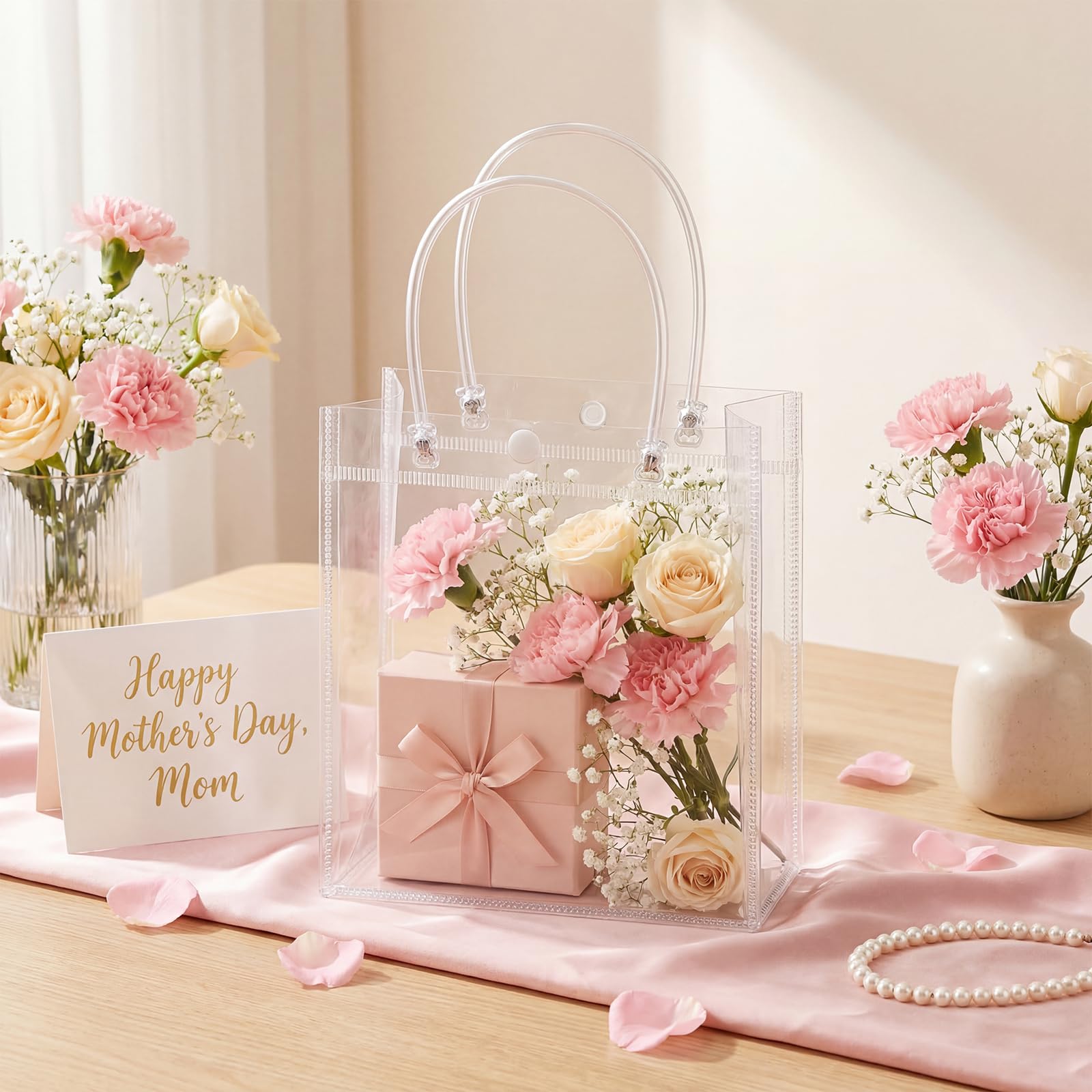 woric Clear Gift Bags with Handles, 15 PCS Small Plastic Party Favor Bags Reusable Transparent Gift Wrap Goodie Bag Bulk for Weddings Graduation Father's Day Birthdays 5.9"x5.1"x2.75"